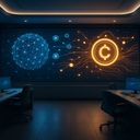 Dimly lit modern office with glowing digital