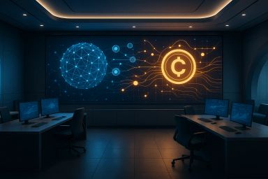 Dimly lit modern office with glowing digital