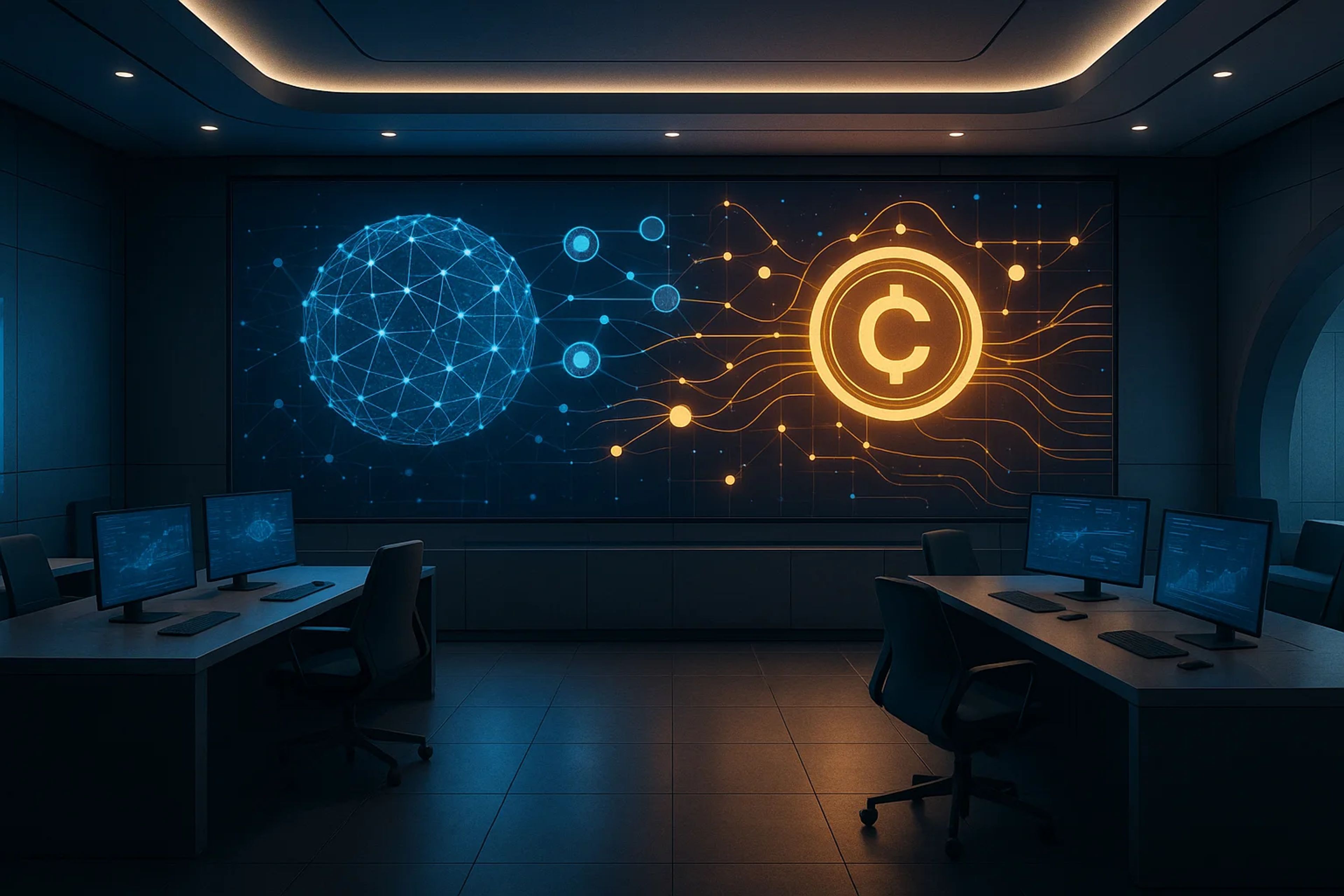 Dimly lit modern office with glowing digital