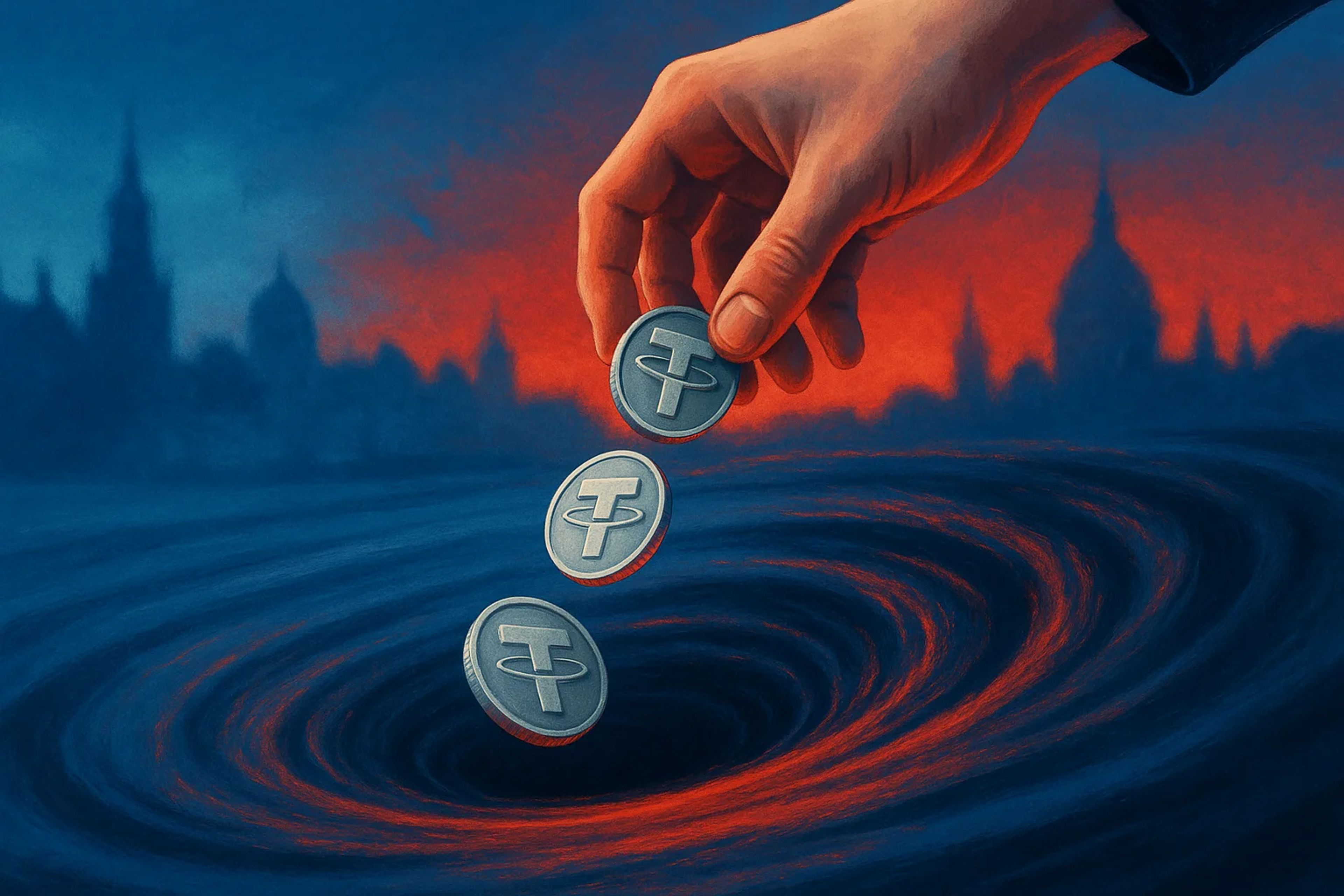 A hand dropping coins into a swirling vortex