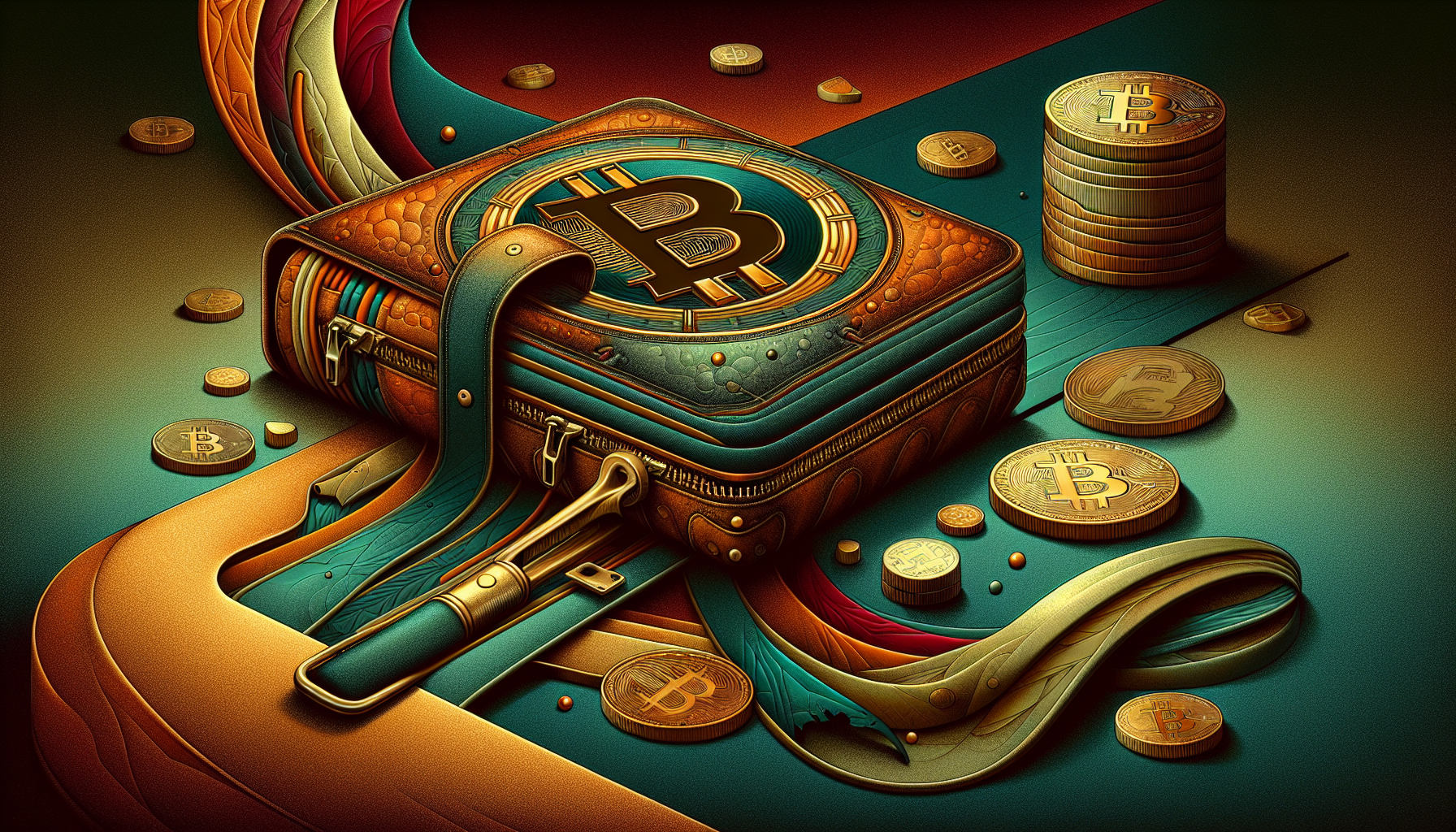 A stylized Bitcoin wallet with coins scattered