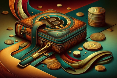 A stylized Bitcoin wallet with coins scattered
