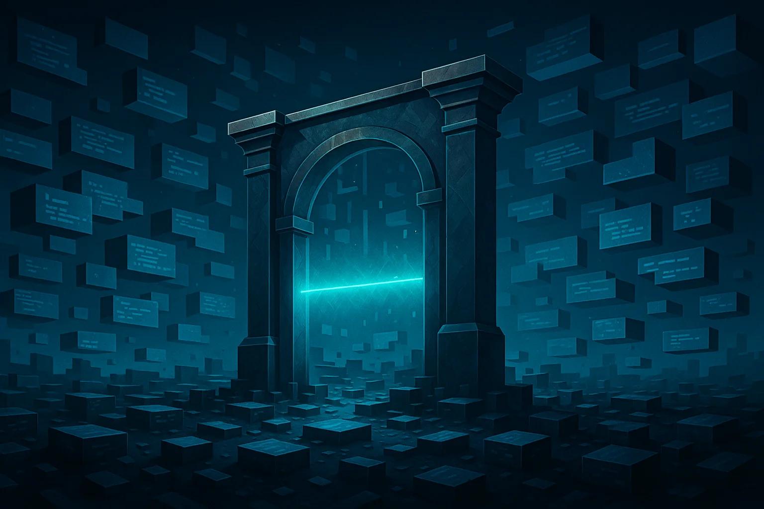 A glowing archway surrounded by floating blocks