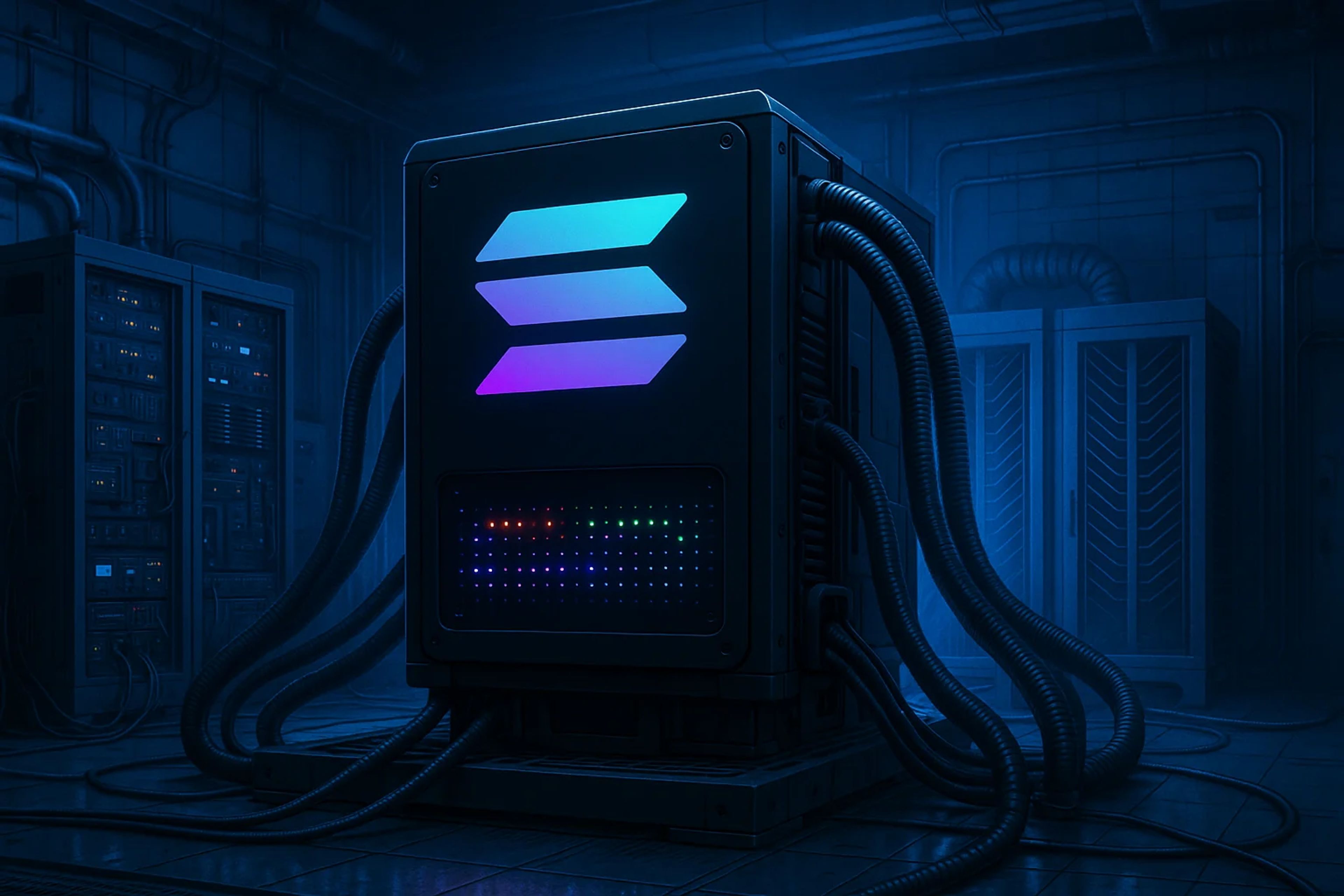 A futuristic server with glowing blue and purple