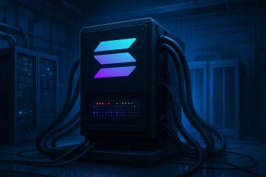 A futuristic server with glowing blue and purple