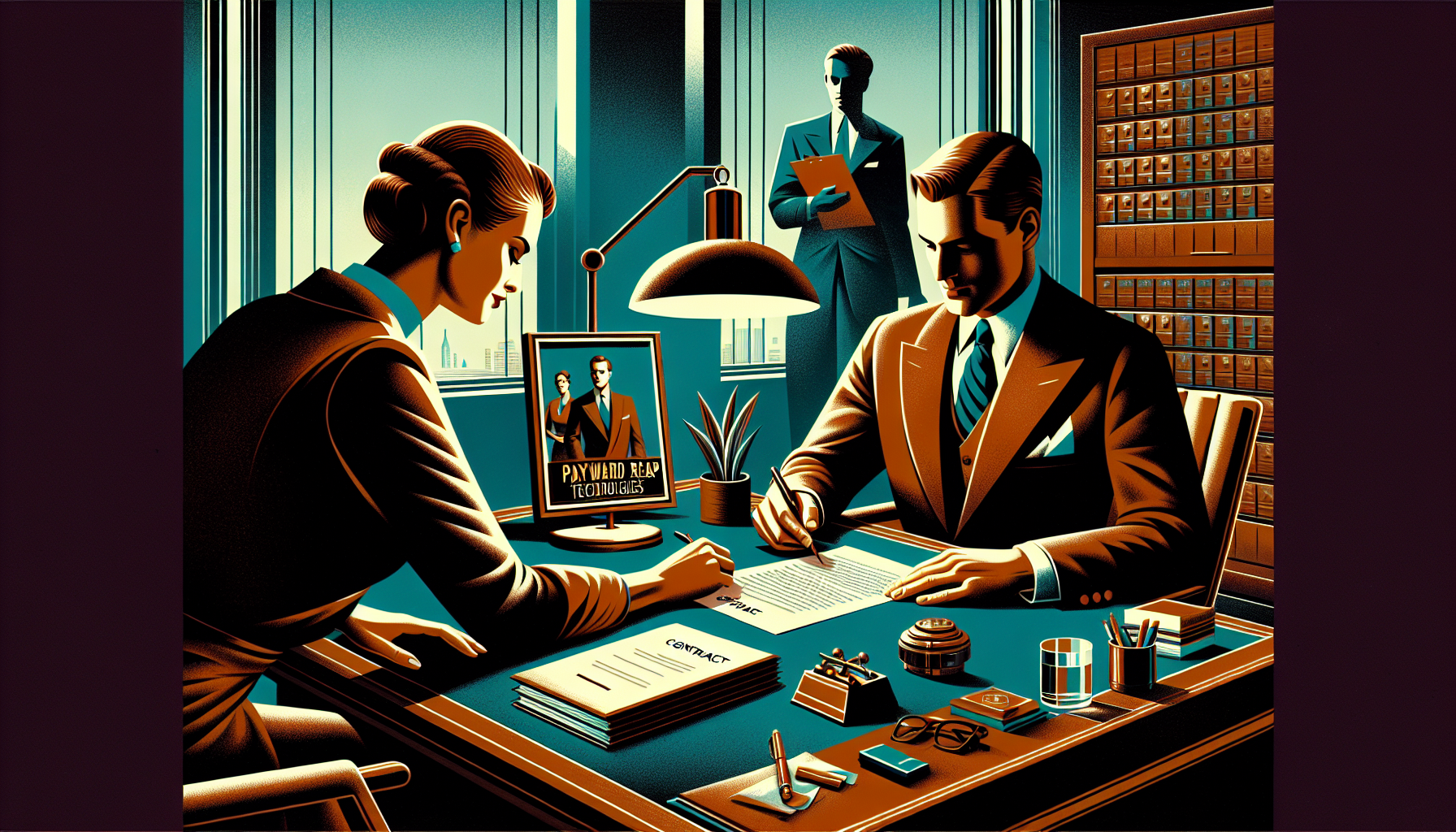 A vintage-styled office scene with a man and