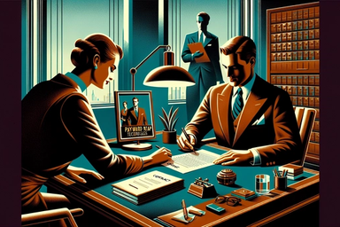 A vintage-styled office scene with a man and