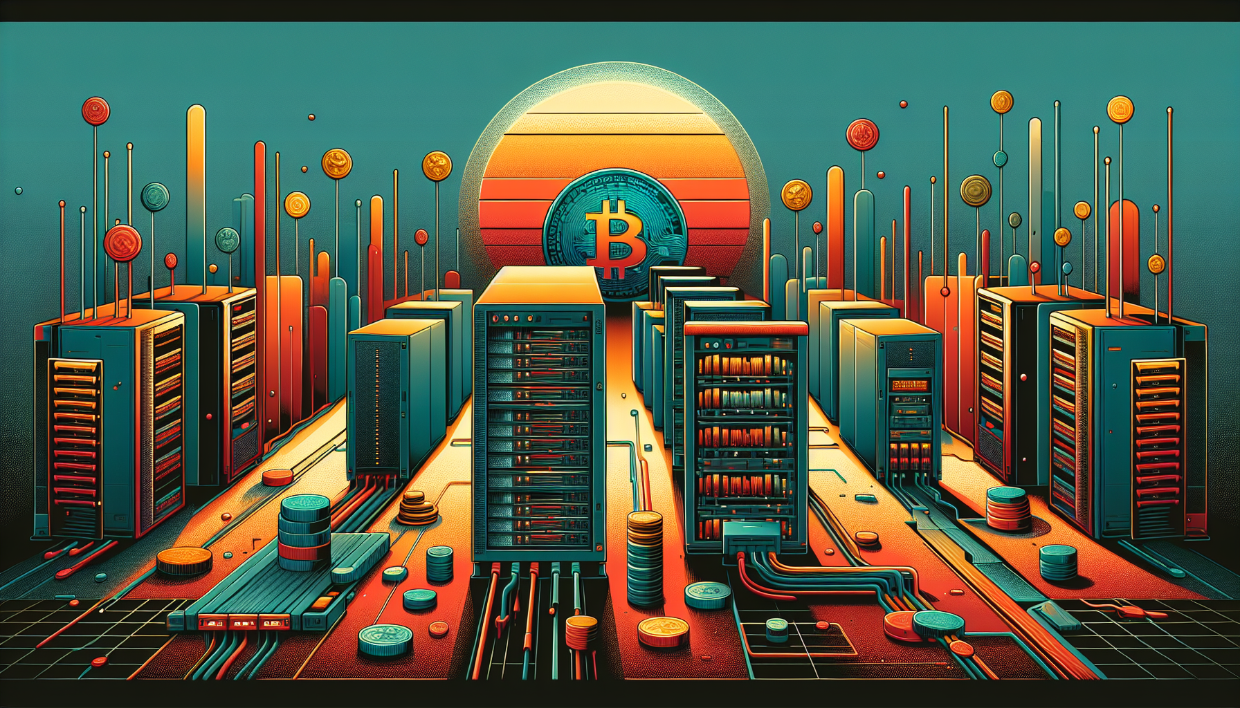 Digital landscape with servers and cryptocurrency