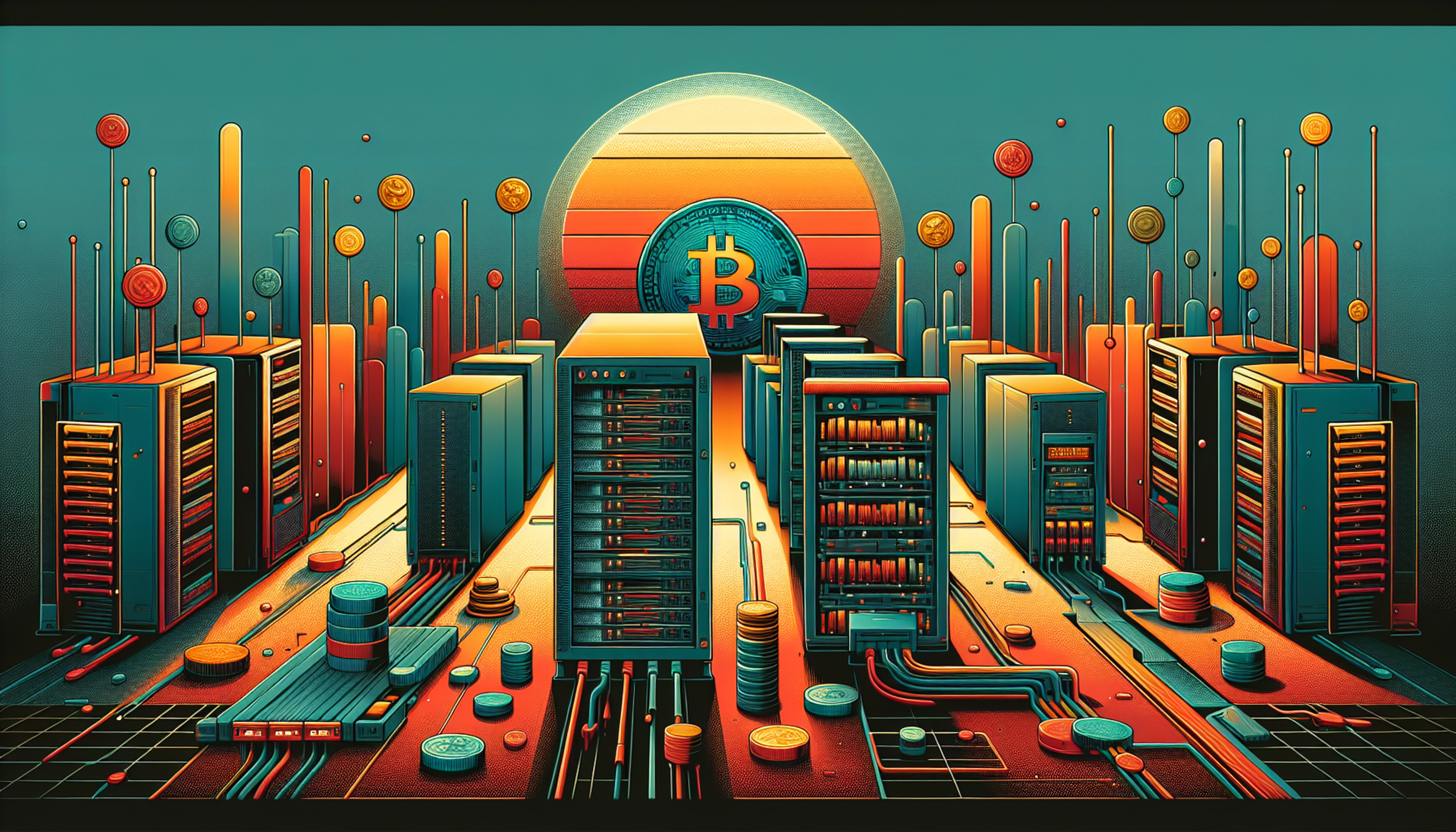 Digital landscape with servers and cryptocurrency