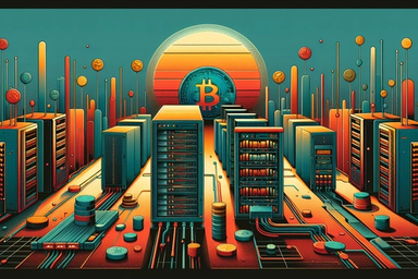 Digital landscape with servers and cryptocurrency