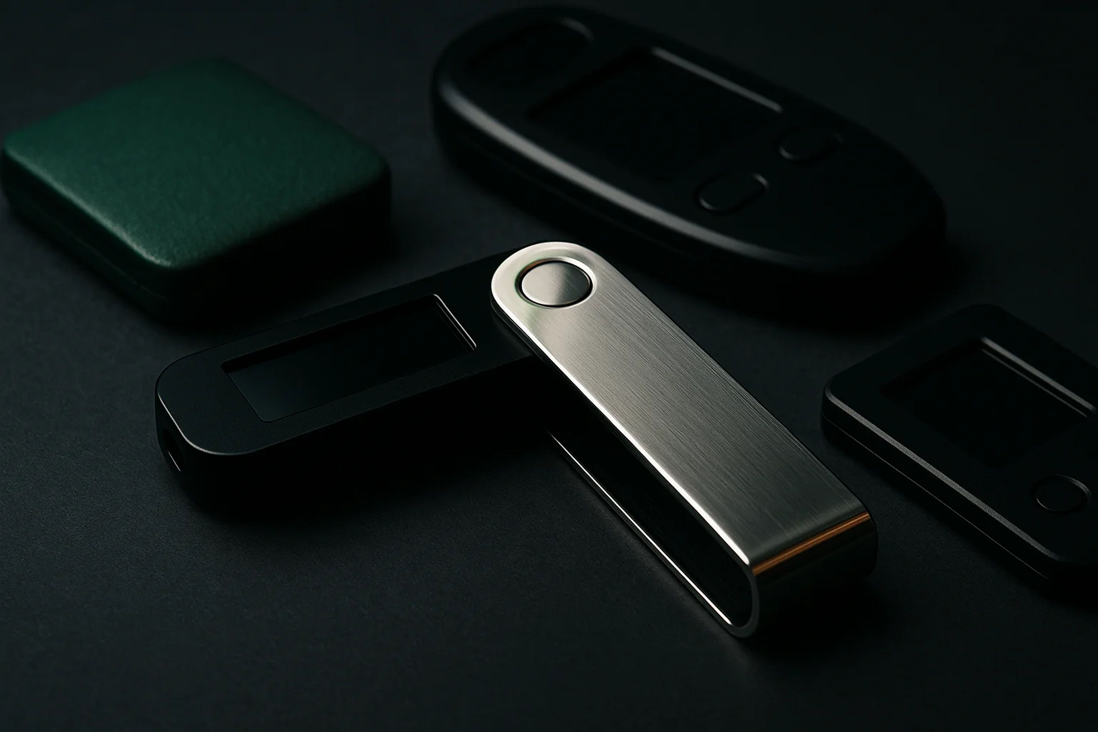 Various sleek electronic devices on a dark surface