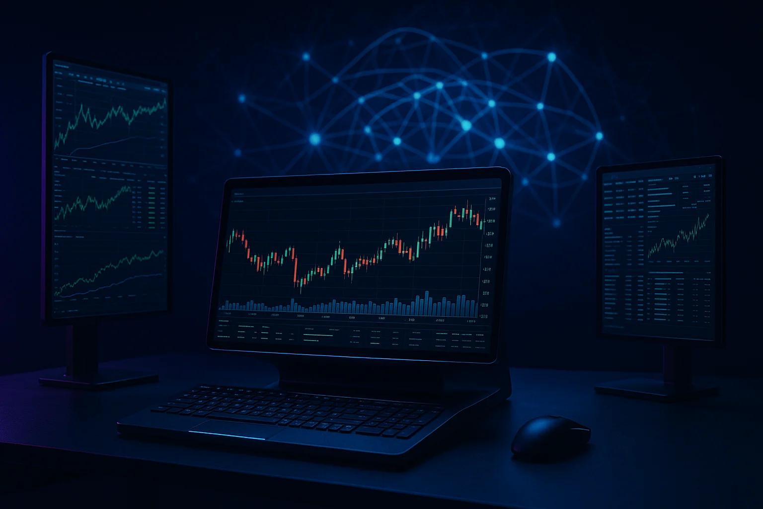Three computer screens displaying financial