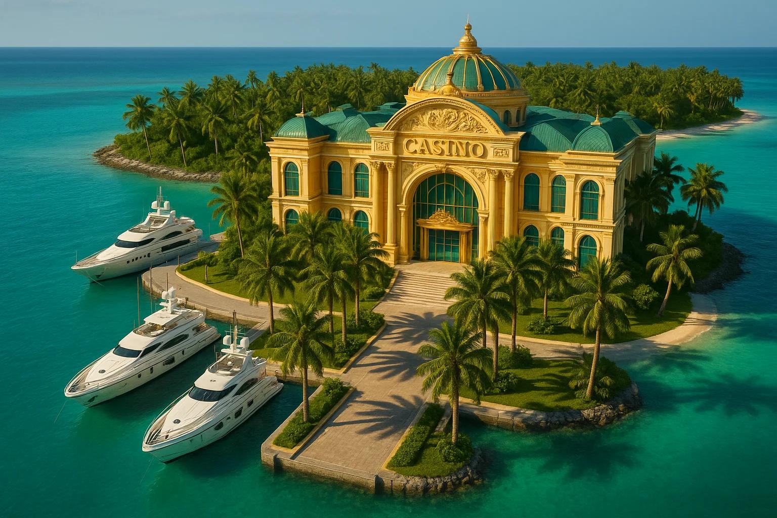 Luxurious casino building surrounded by turquoise