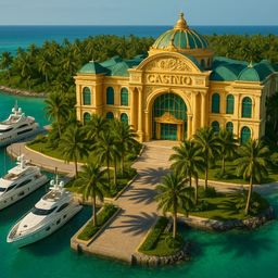 Luxurious casino building surrounded by turquoise