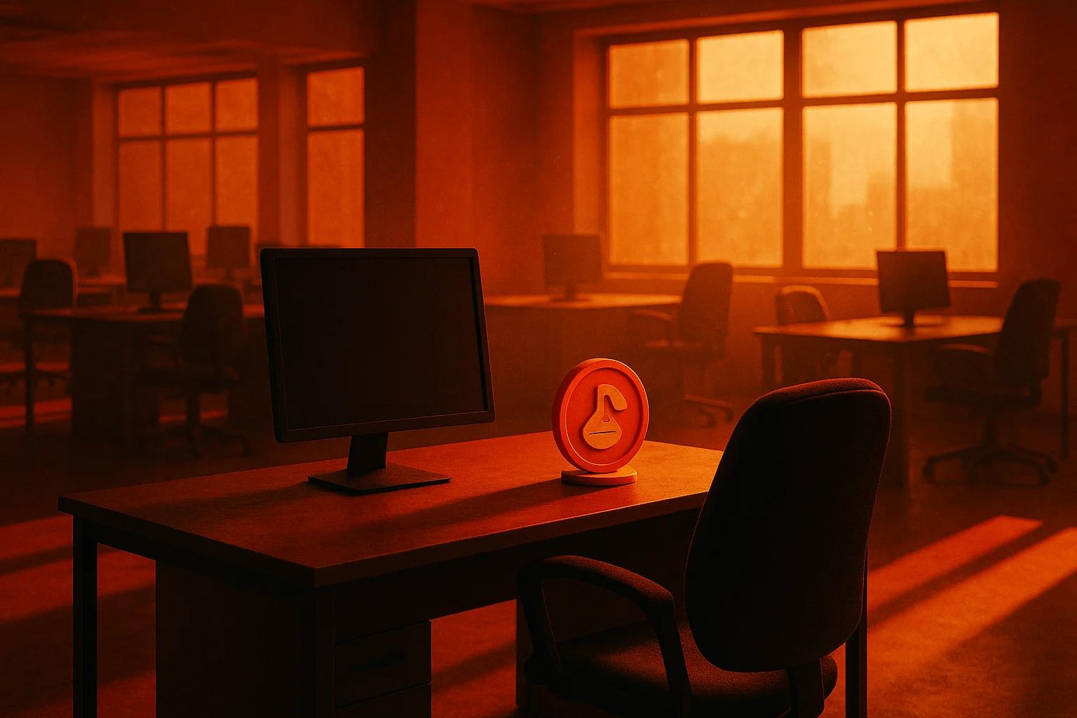 Dimly lit office with orange hues, empty desks