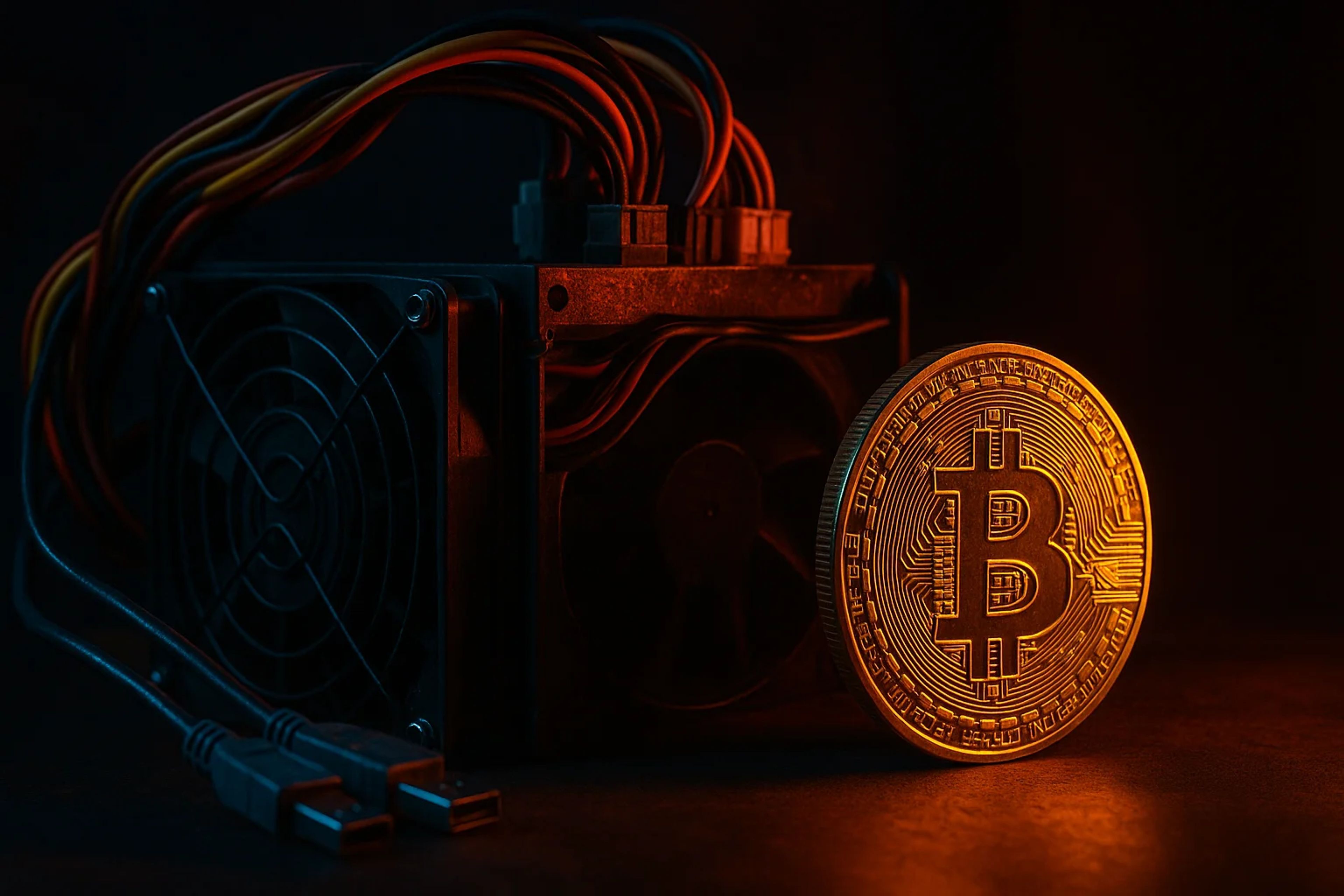 A Bitcoin coin illuminated beside a computer