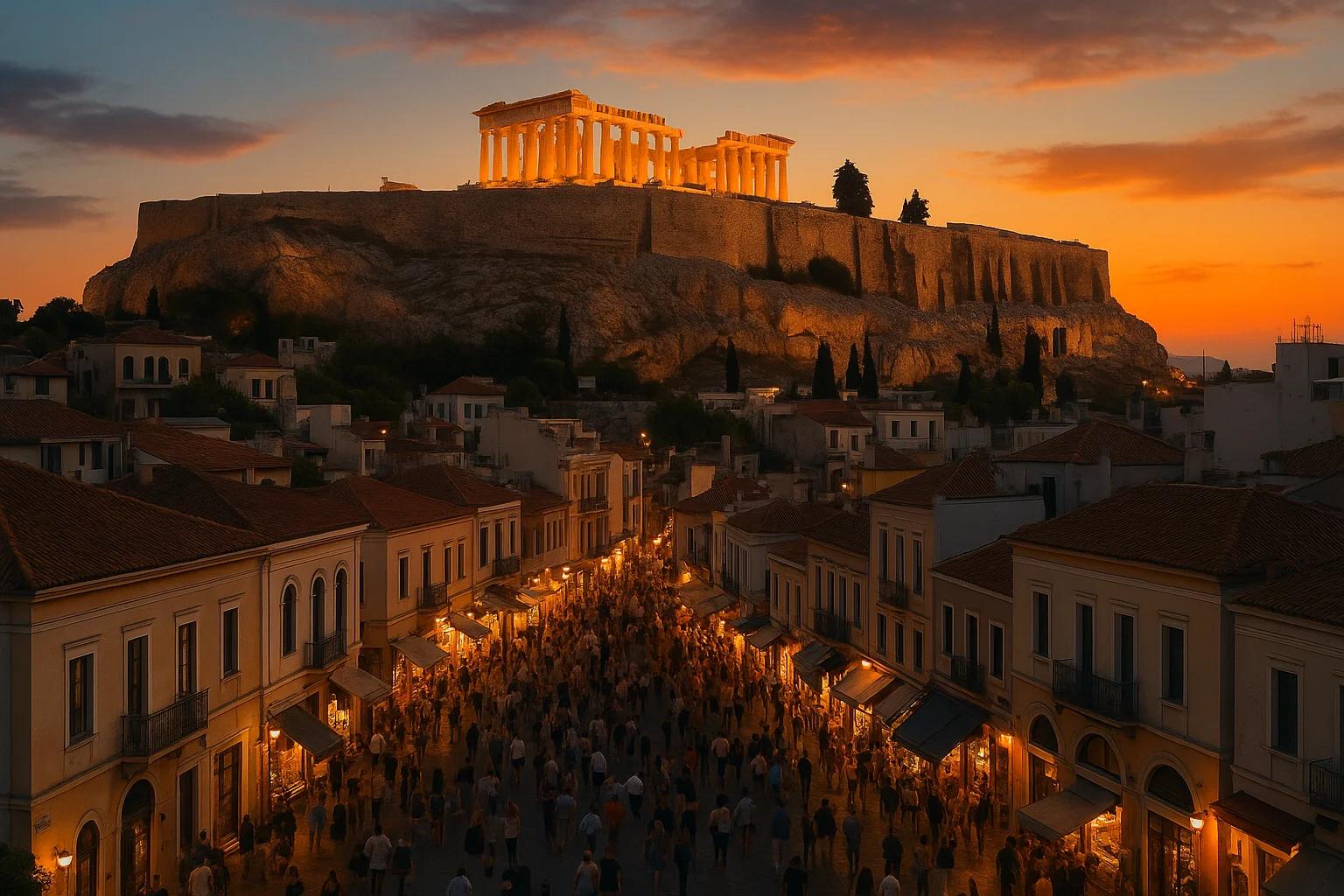 Acropolis illuminated at sunset over a bustling