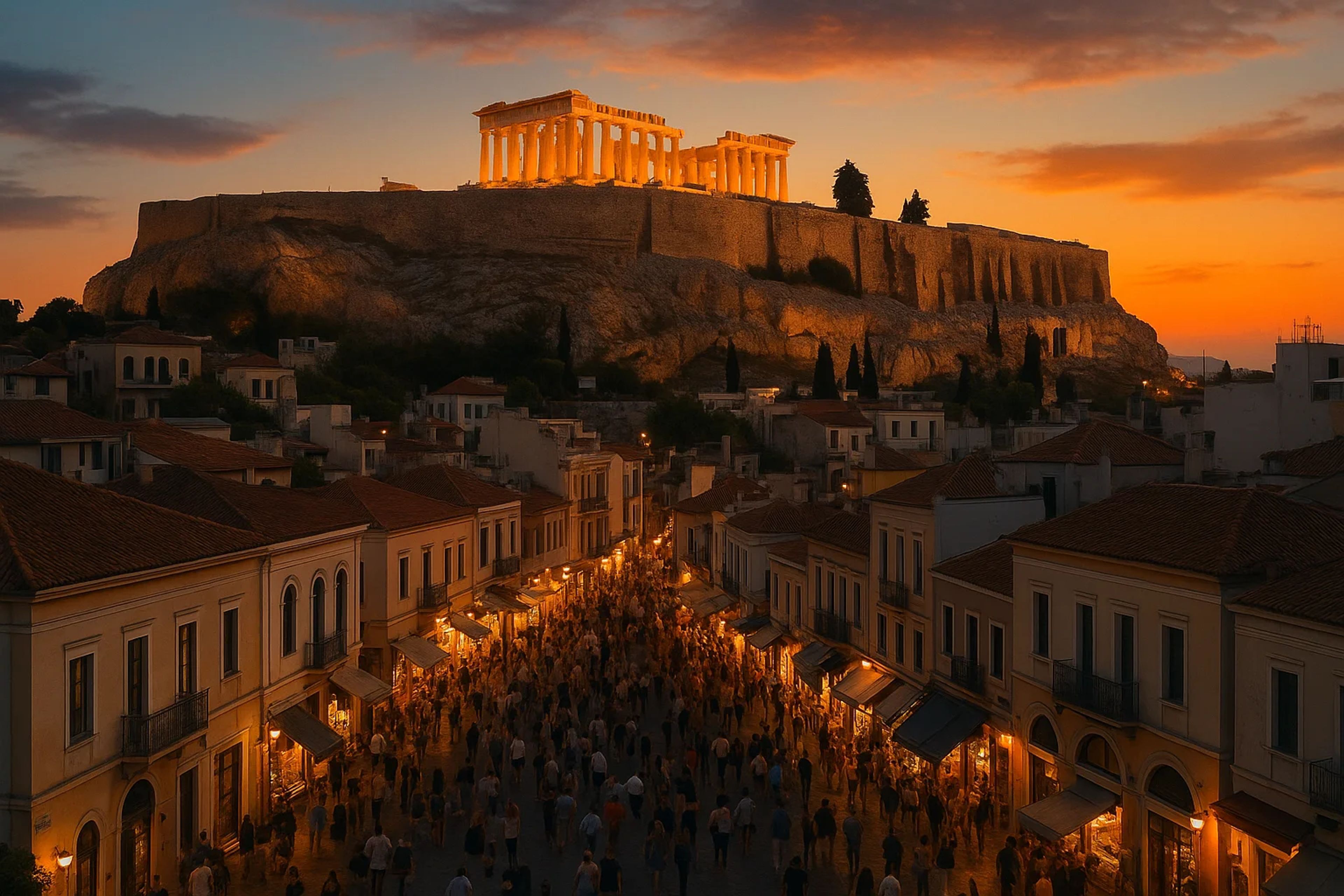 Acropolis illuminated at sunset over a bustling