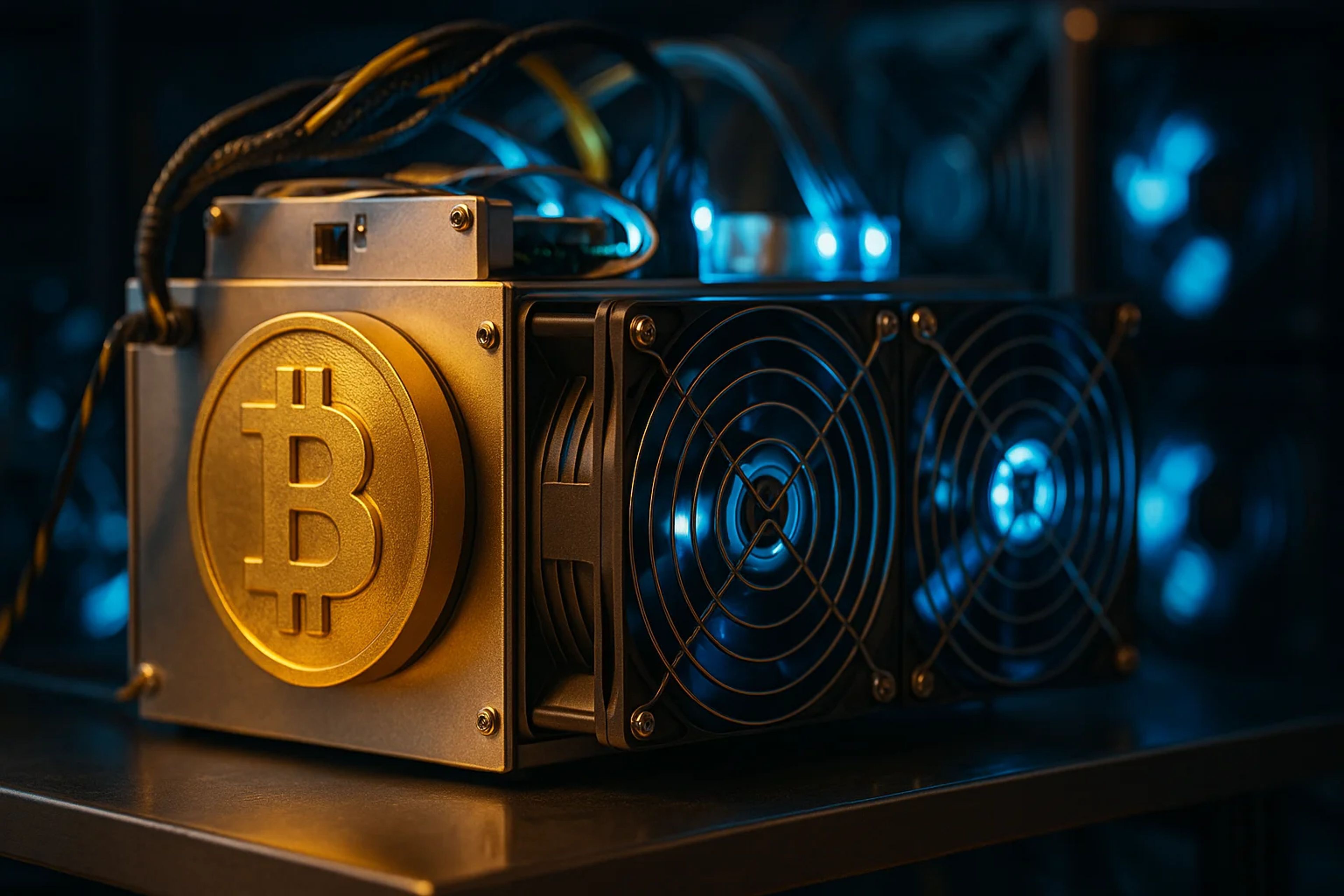 Gold Bitcoin mining hardware with cooling fans