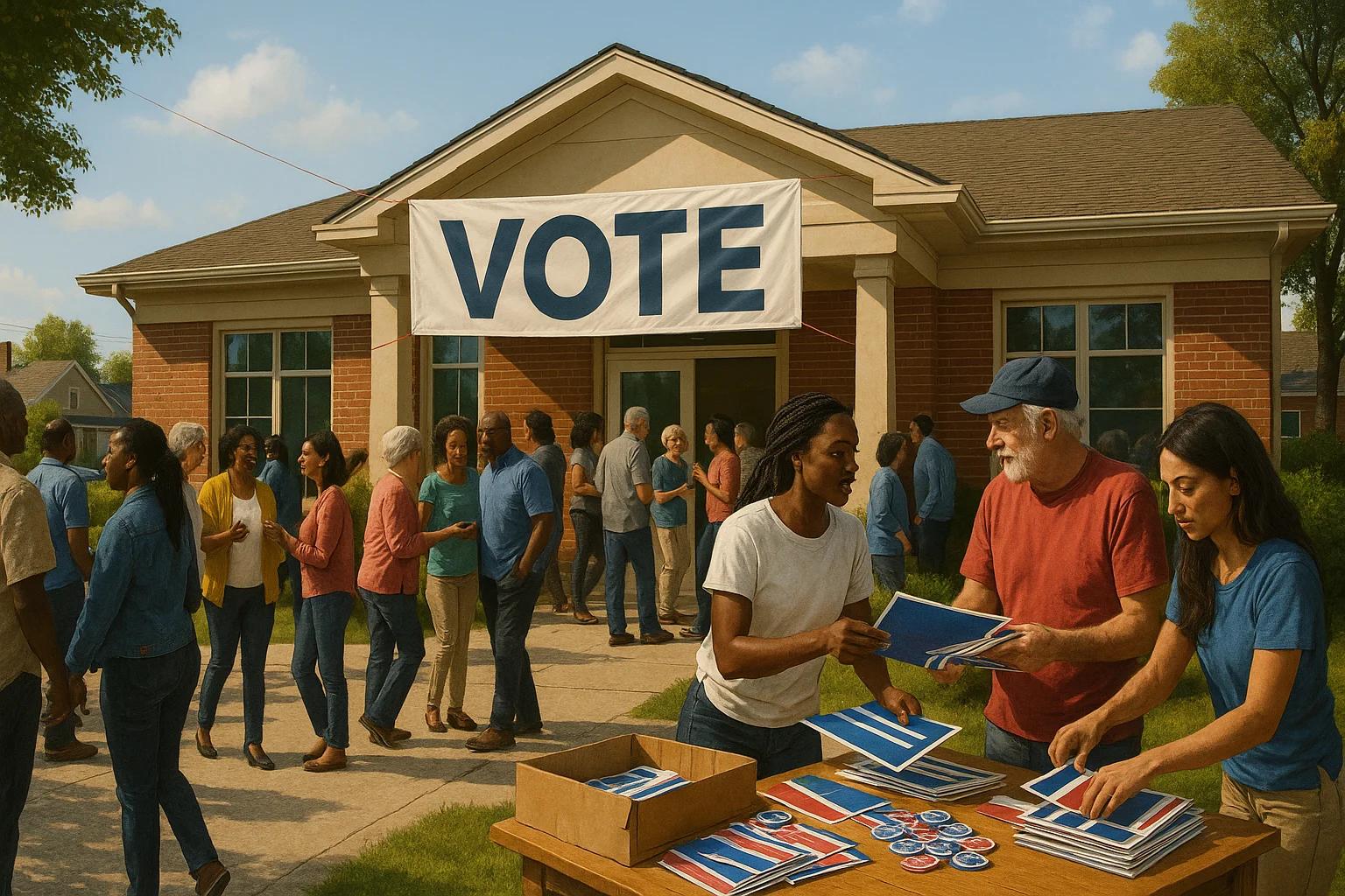 A crowd gathers outside a building with a 'VOTE'