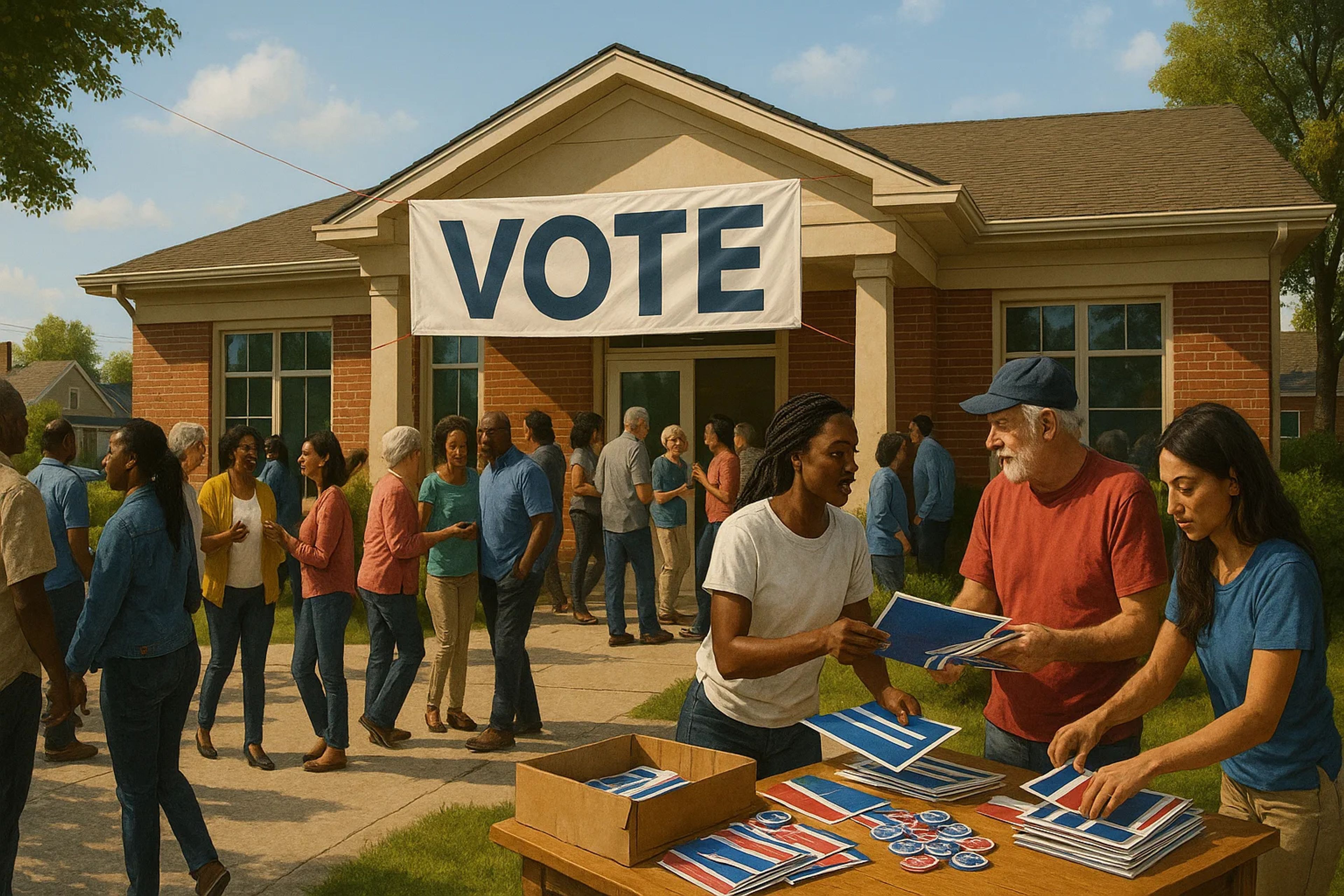 A crowd gathers outside a building with a 'VOTE'