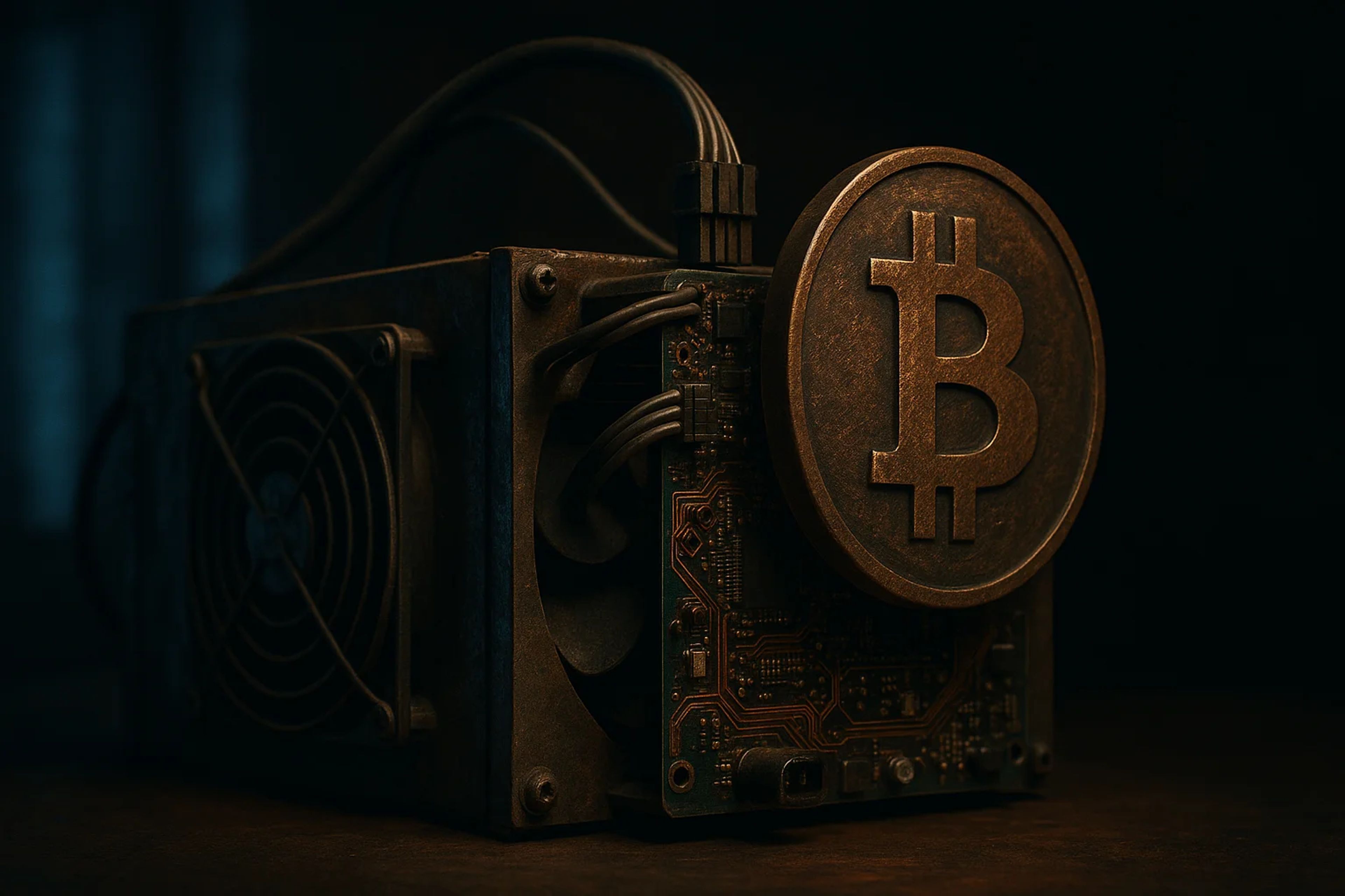 A Bitcoin mining machine with a large Bitcoin coin