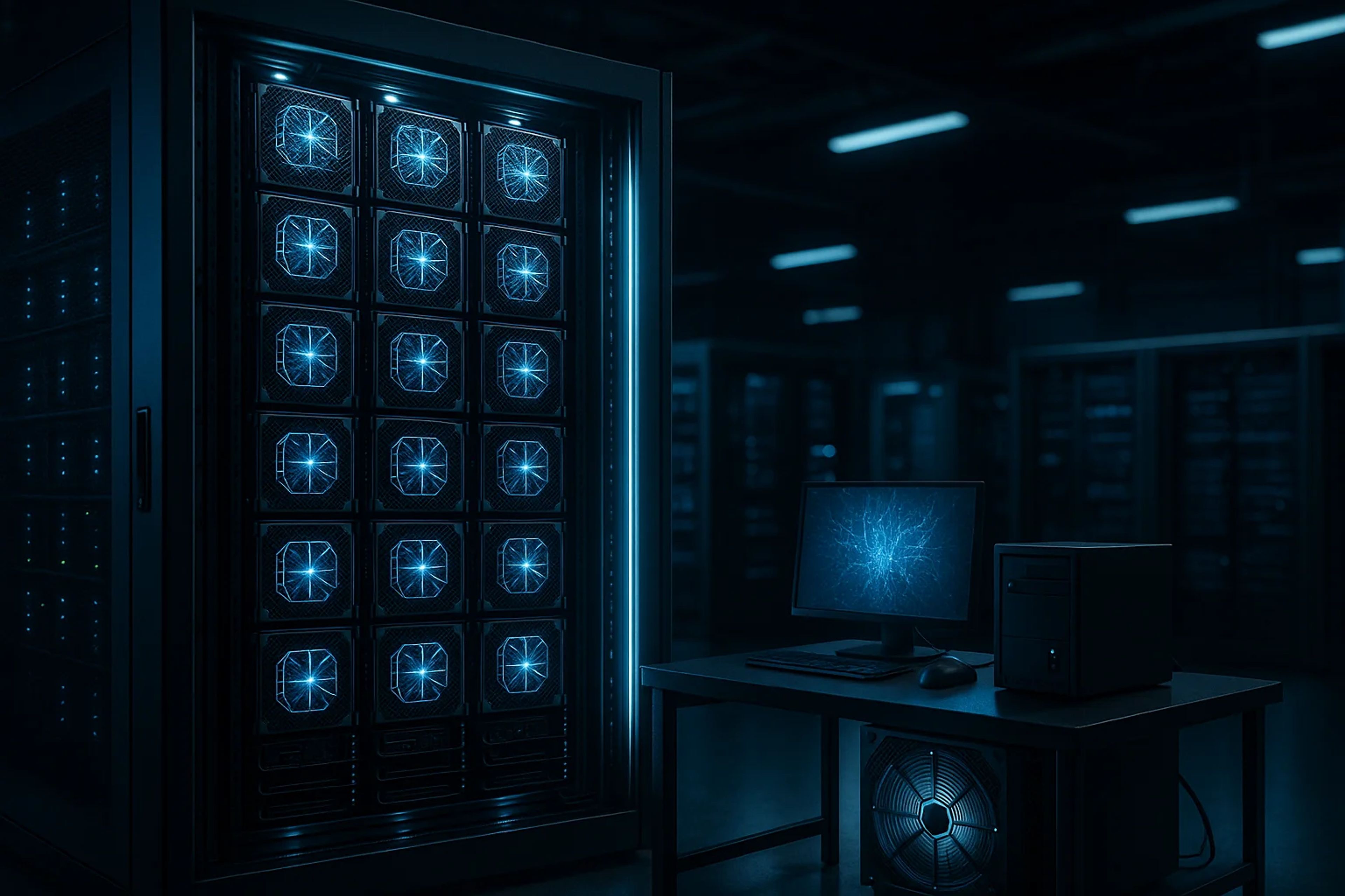 Dimly lit server room with blue-lit equipment