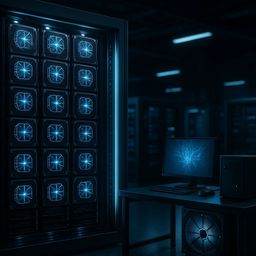 Dimly lit server room with blue-lit equipment