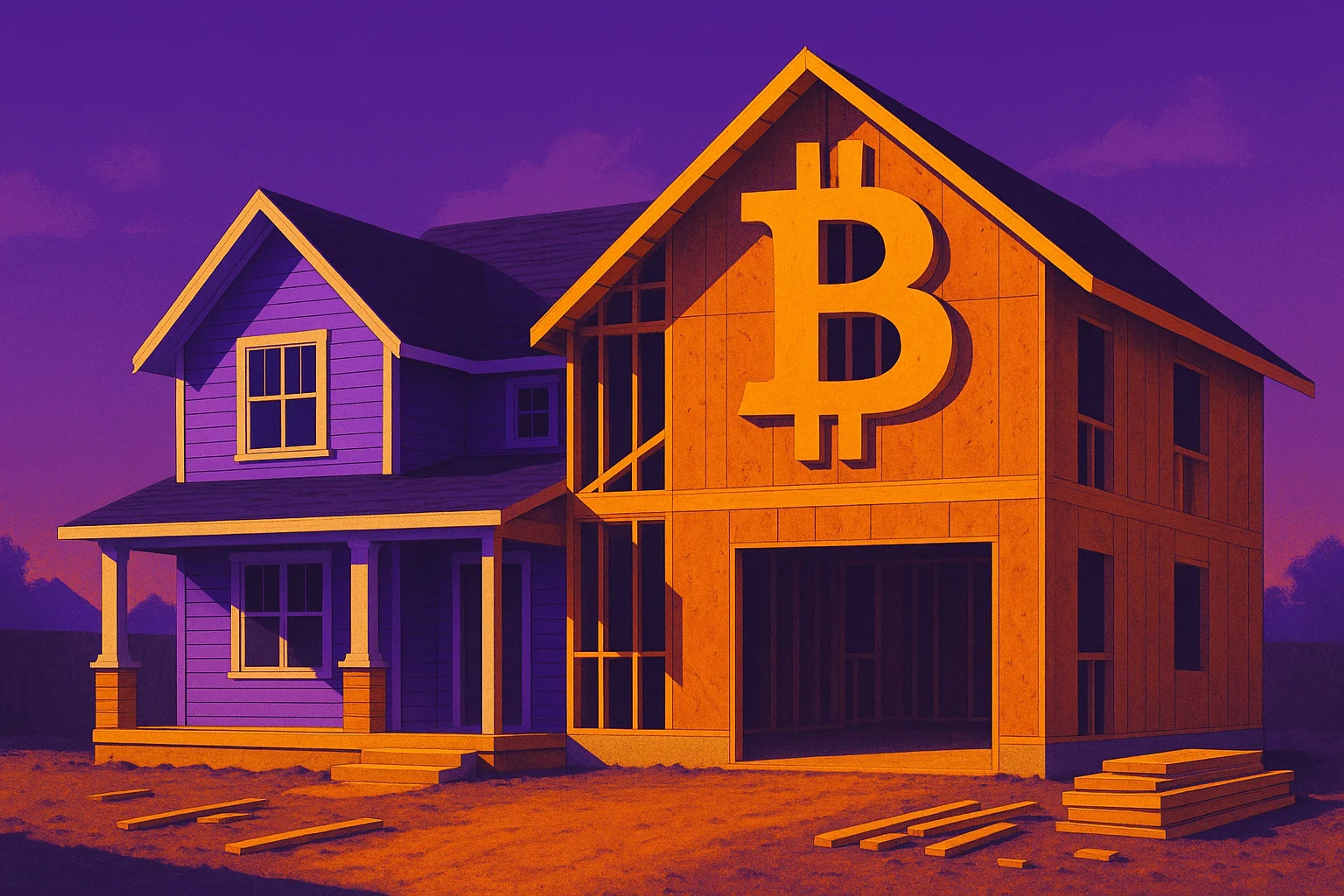 A house under construction with a large Bitcoin