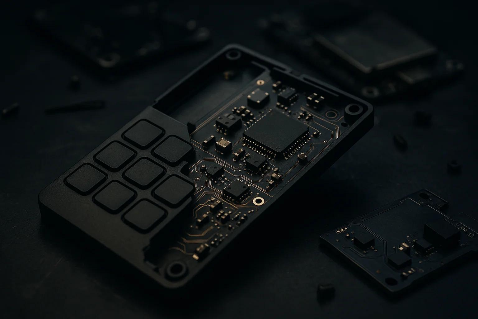 Close-up of a circuit board with chips and buttons