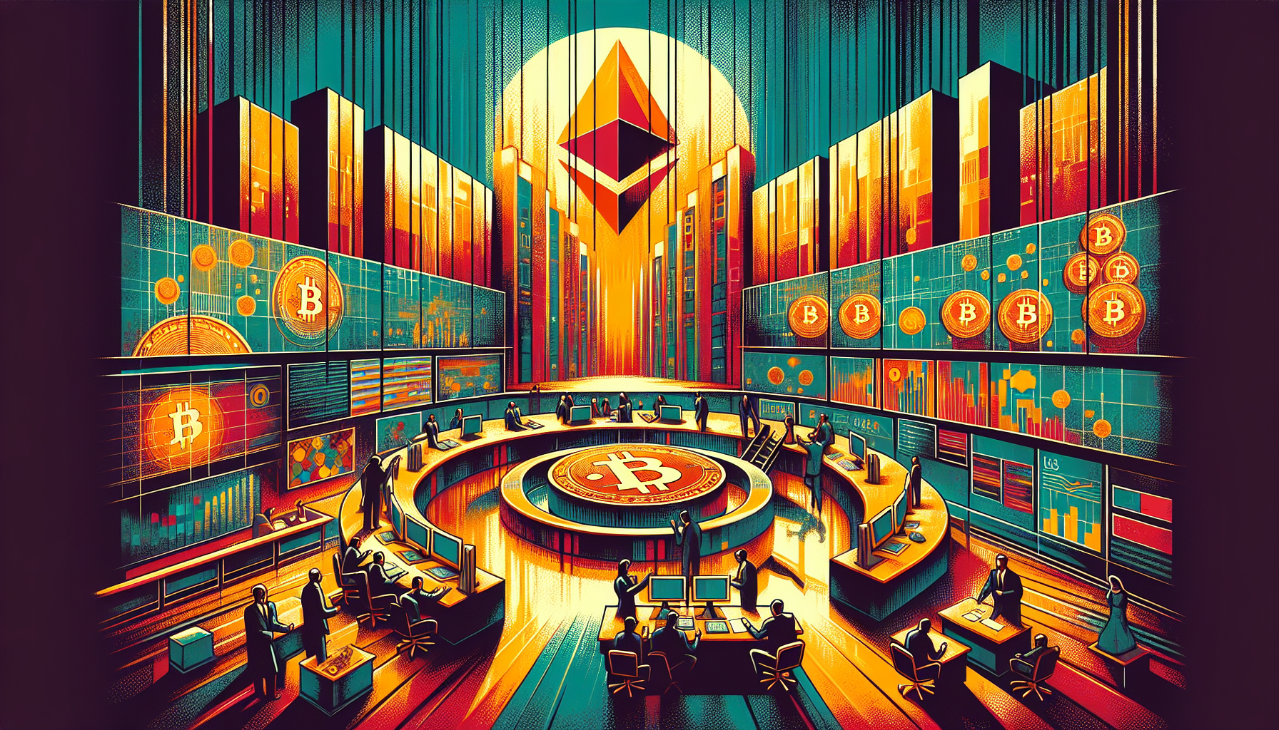 A vibrant digital trading room with charts and