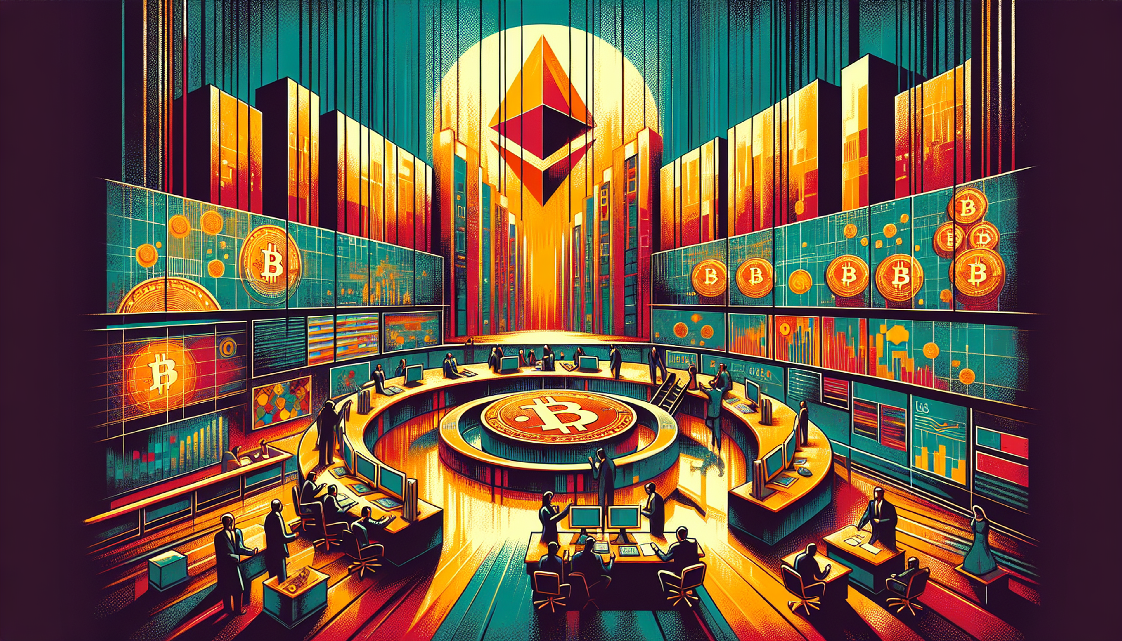 A vibrant digital trading room with charts and
