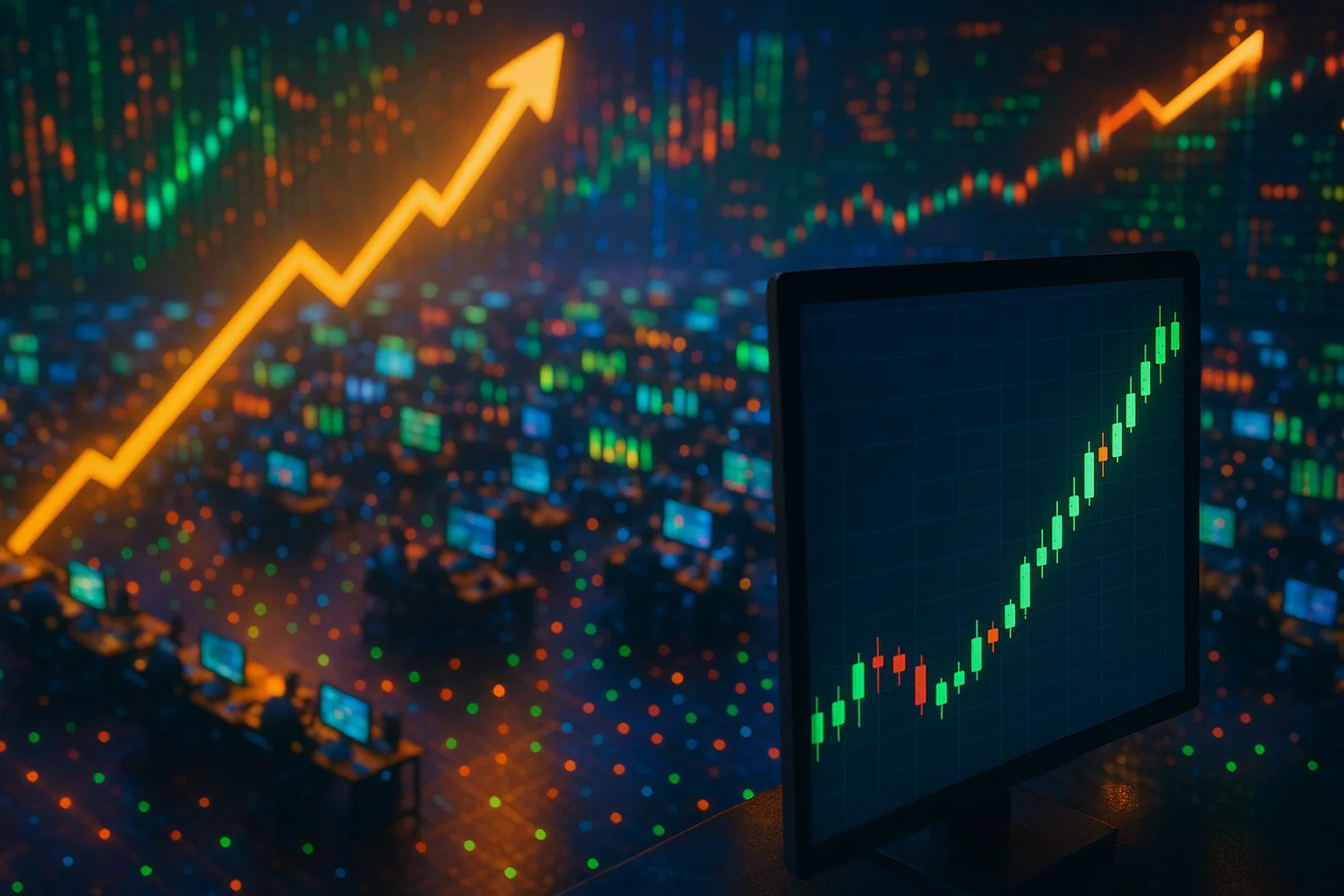 A computer screen displaying a rising stock chart