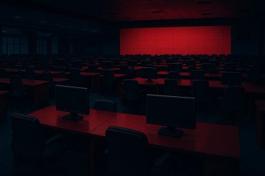 Dimly lit room with rows of desks and computers