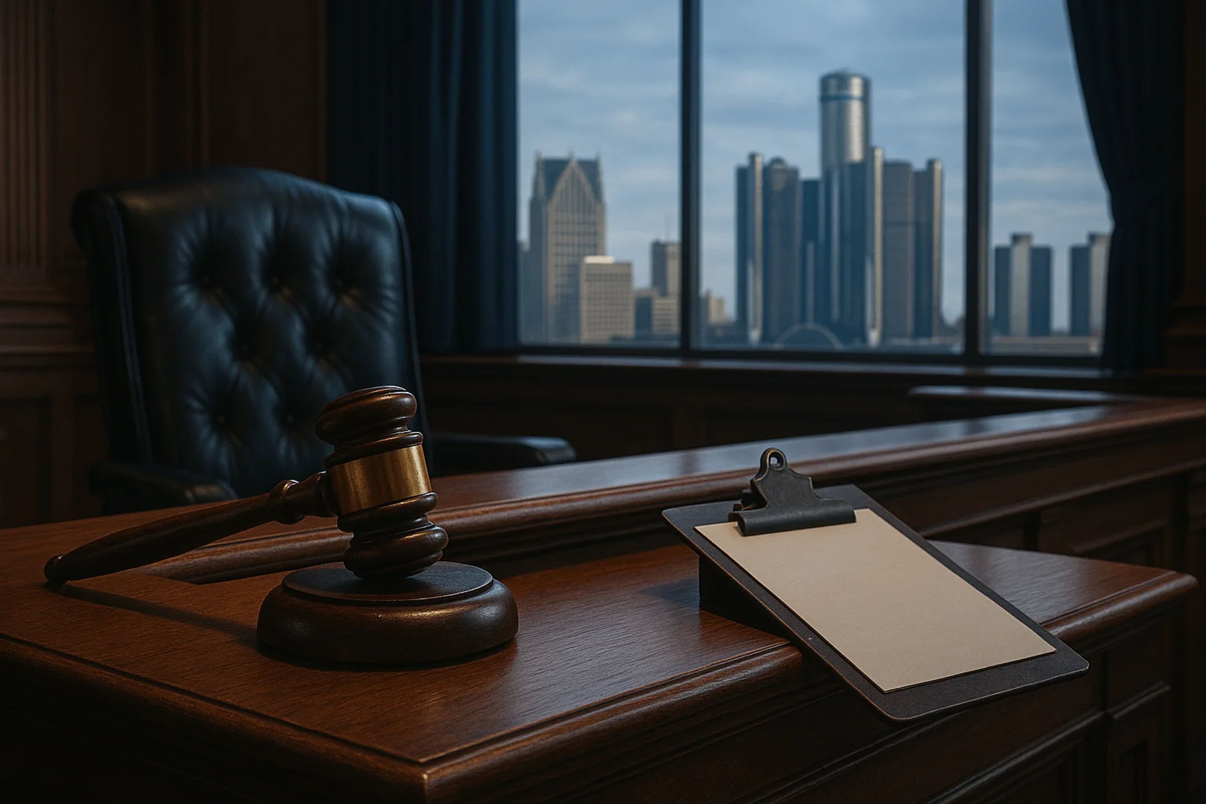 Wooden gavel and clipboard on a judge's desk with