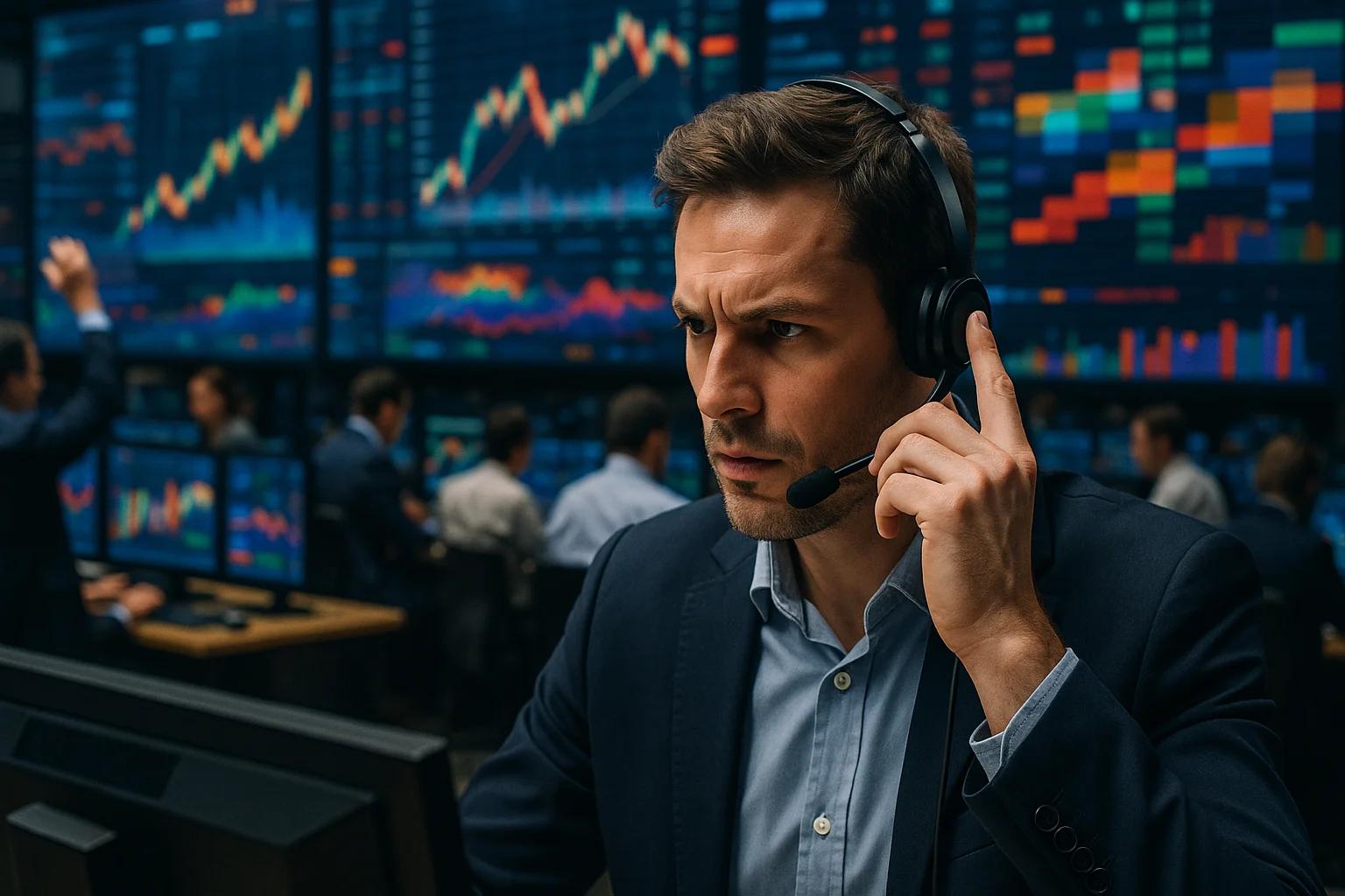 A focused man in a headset at a trading desk