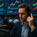 A focused man in a headset at a trading desk