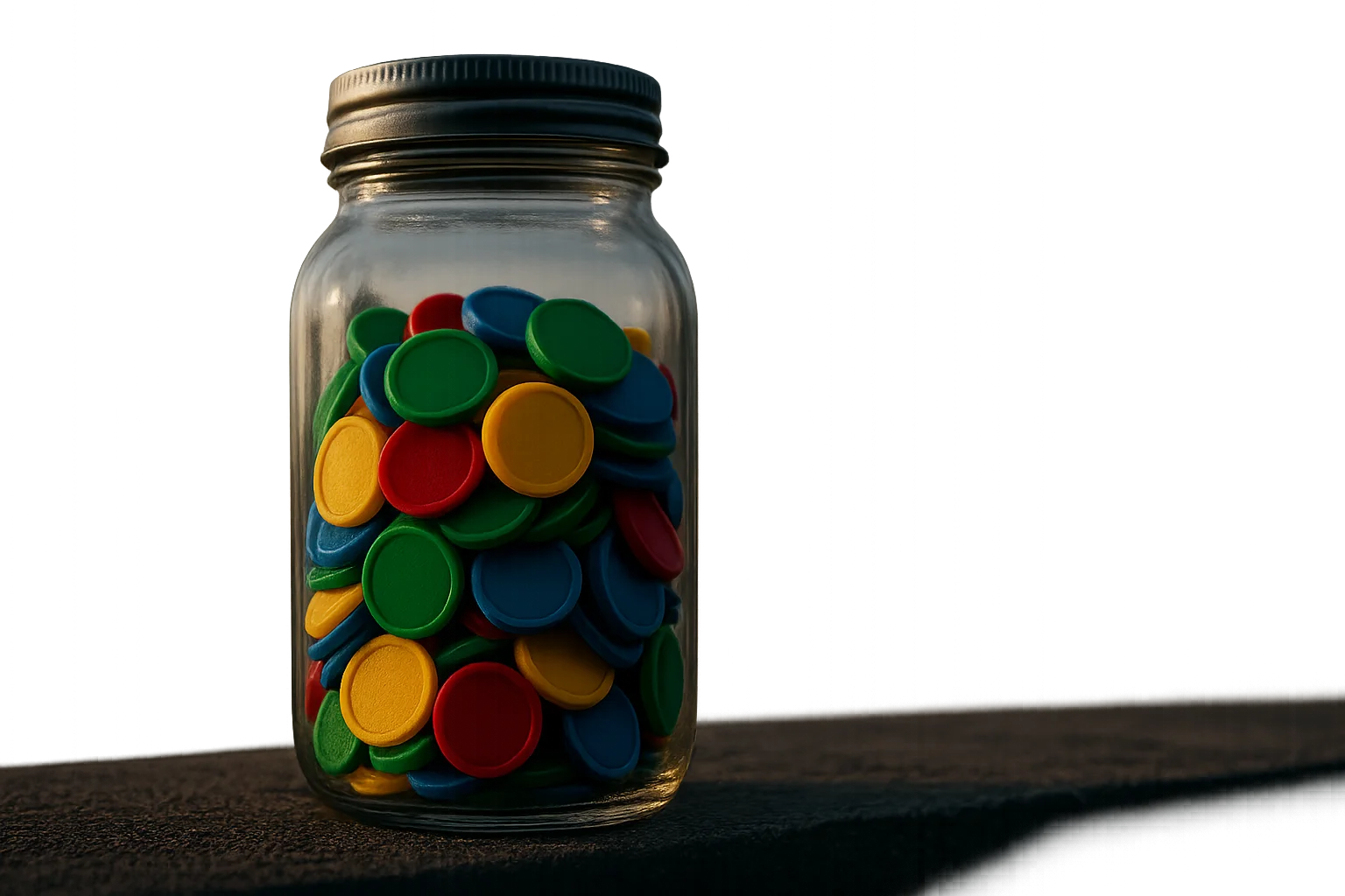 A glass jar filled with colorful plastic tokens