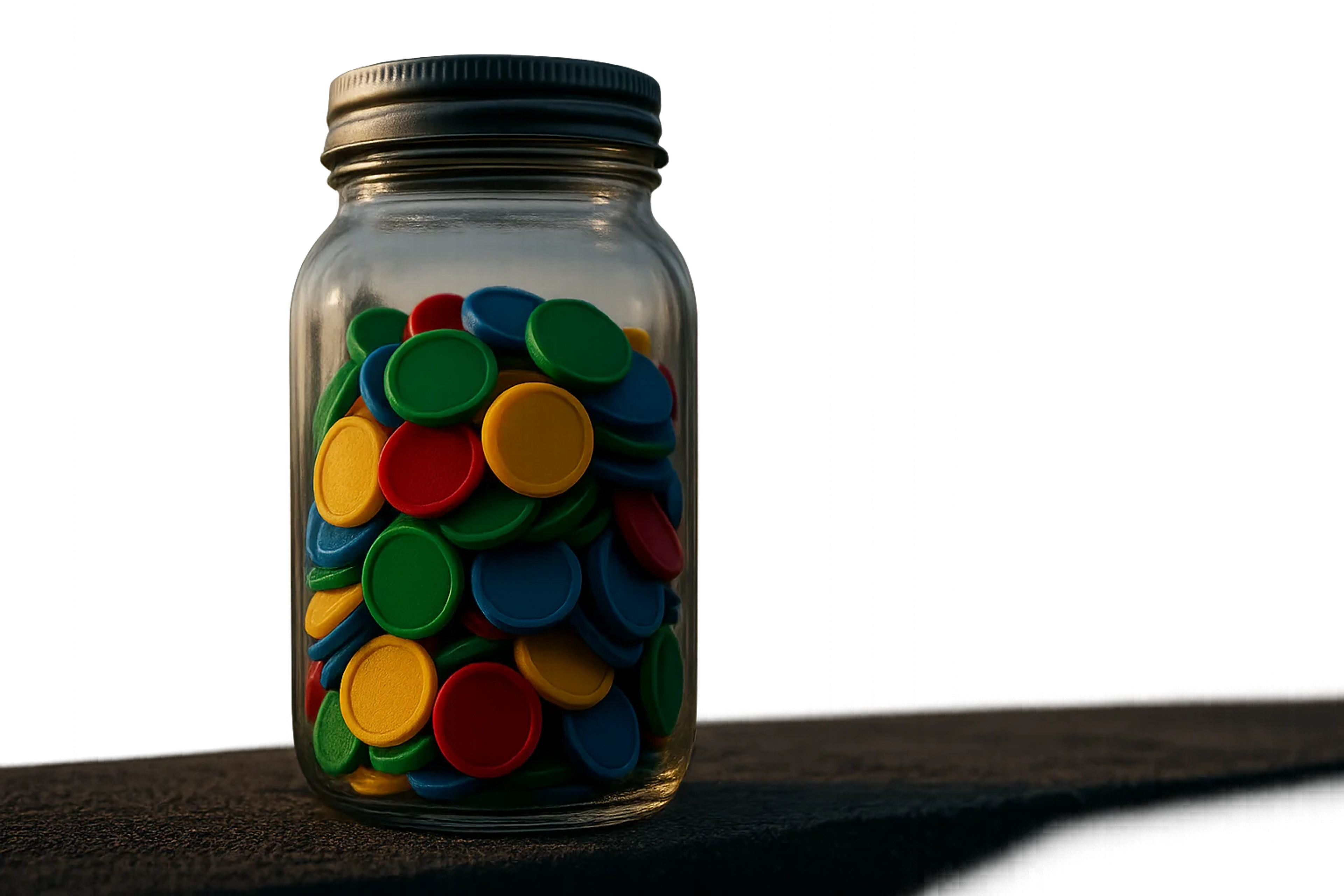 A glass jar filled with colorful plastic tokens