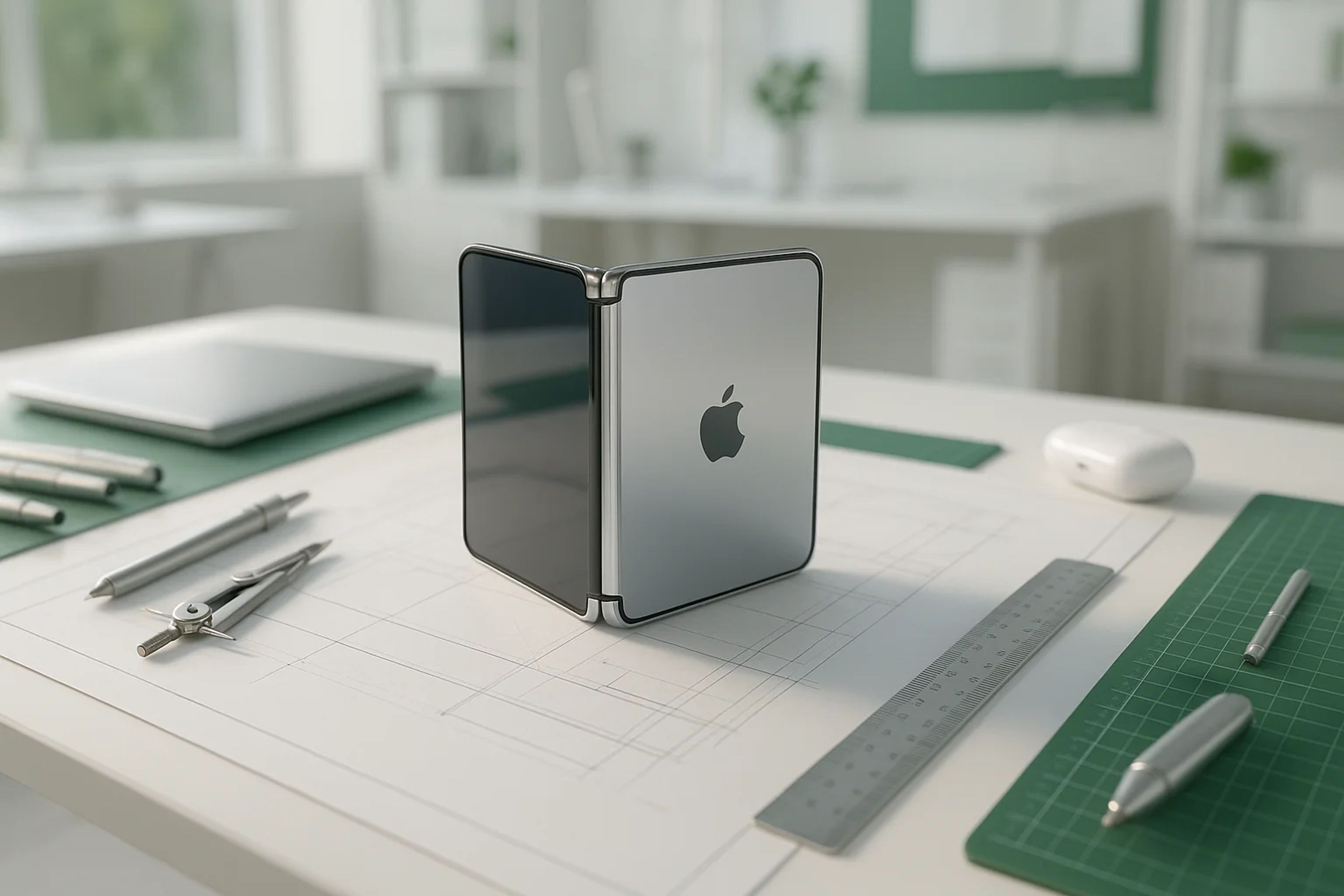 A sleek, folded device on a drafting table
