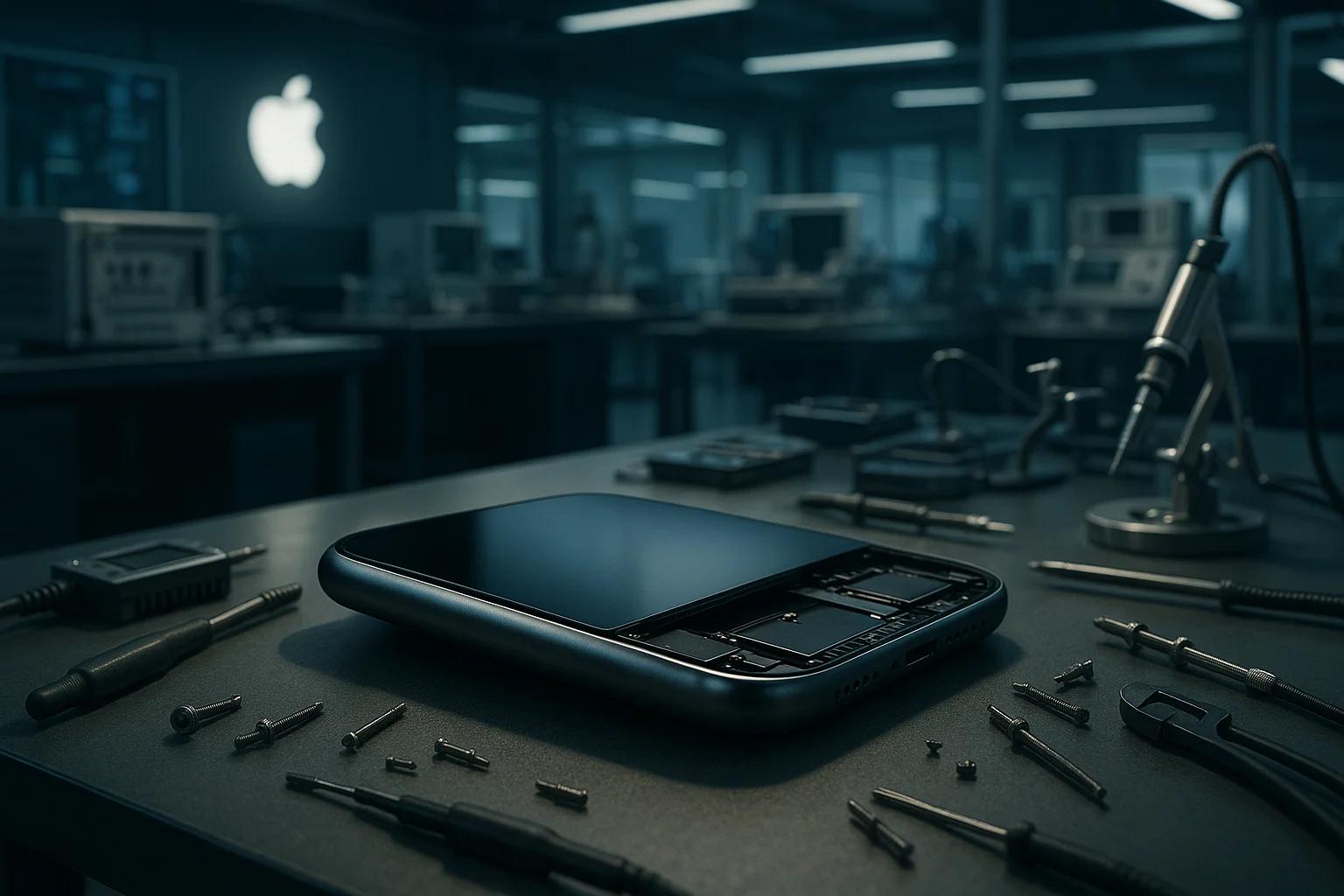 A disassembled smartphone on a workbench
