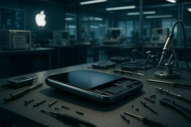 A disassembled smartphone on a workbench