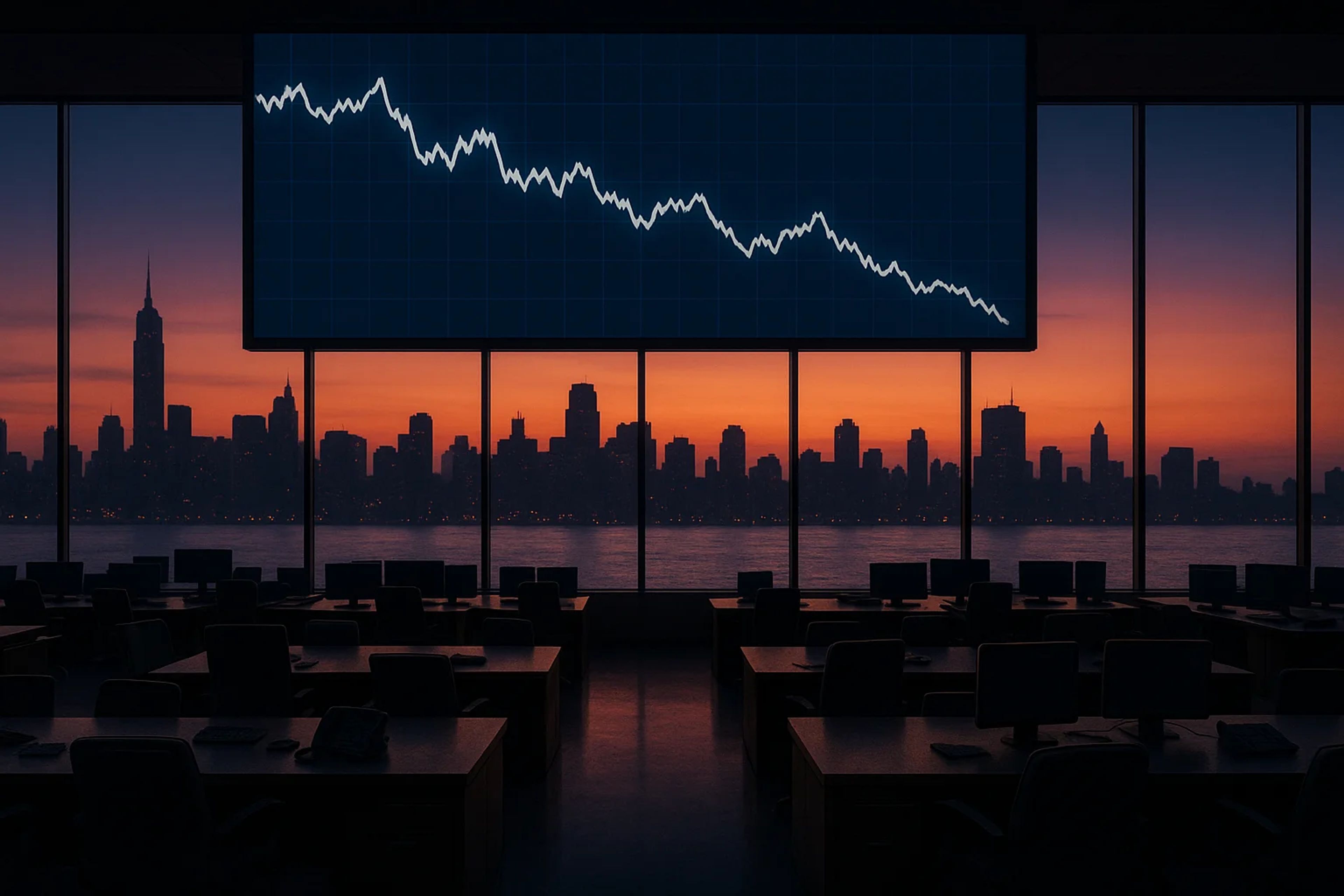 Silhouette of a city skyline at sunset with a
