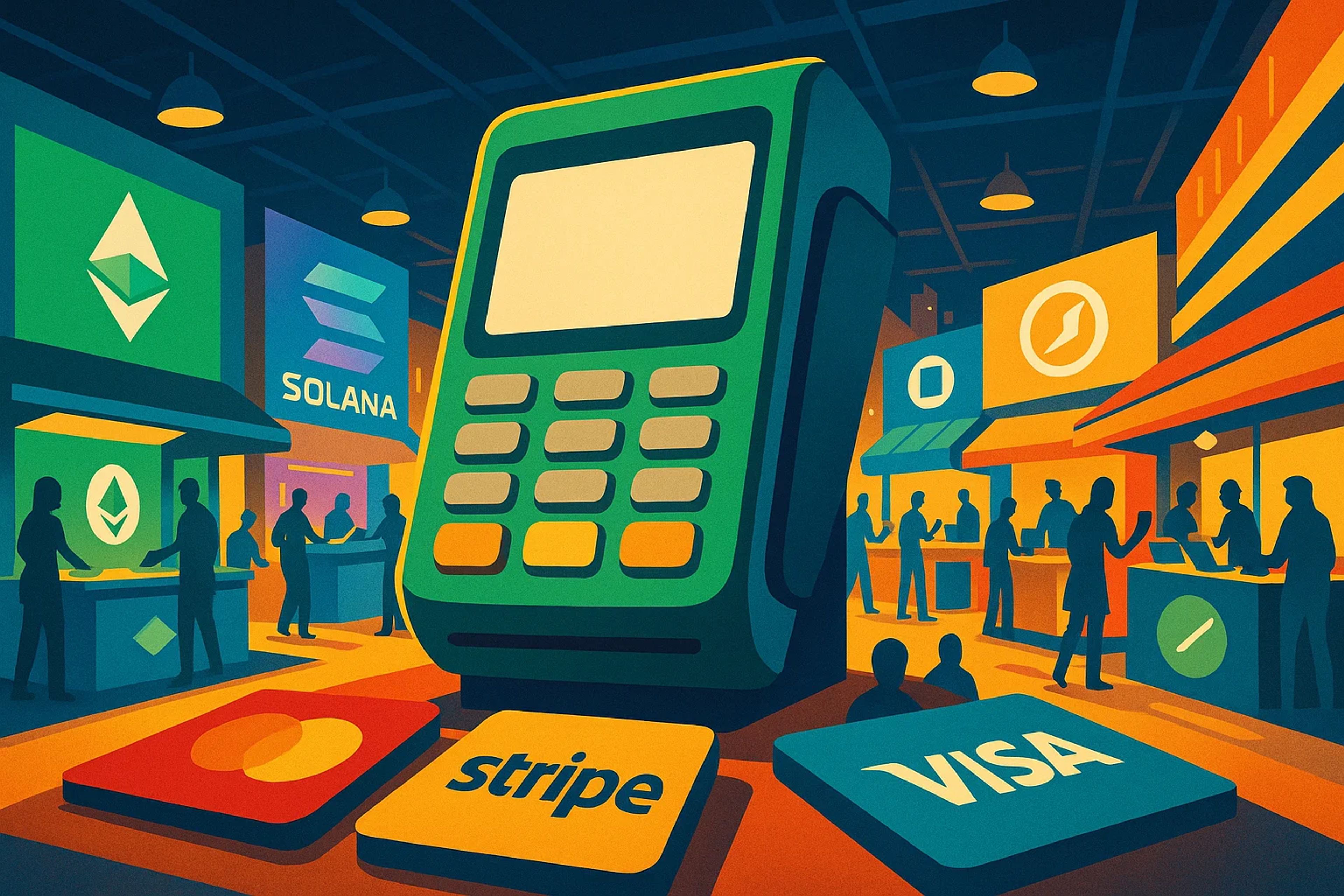 A large payment terminal surrounded by colorful