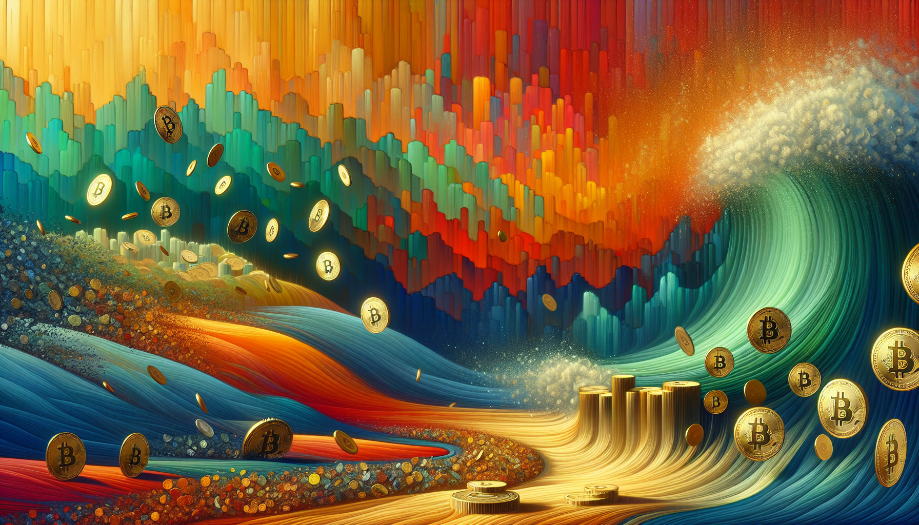 Colorful abstract waves with floating coins