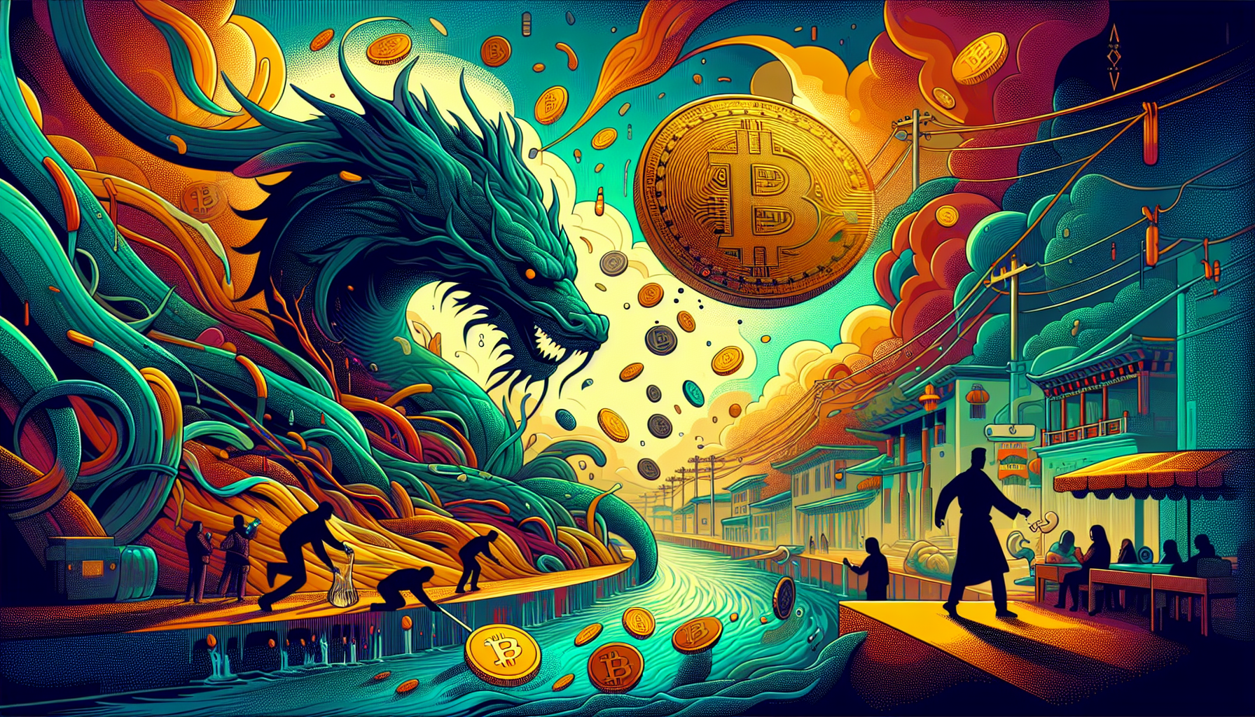 A vibrant, surreal scene with a dragon and