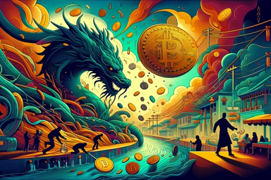 A vibrant, surreal scene with a dragon and
