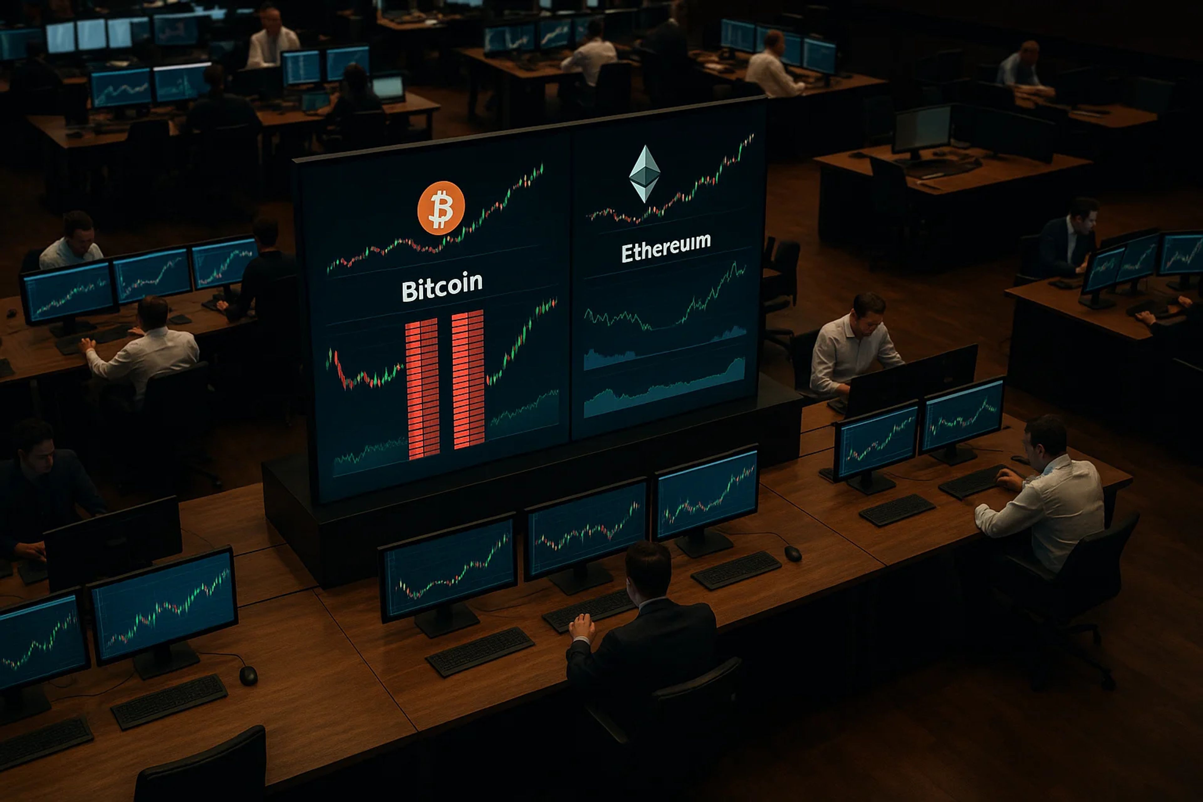 Traders at desks with multiple computer screens