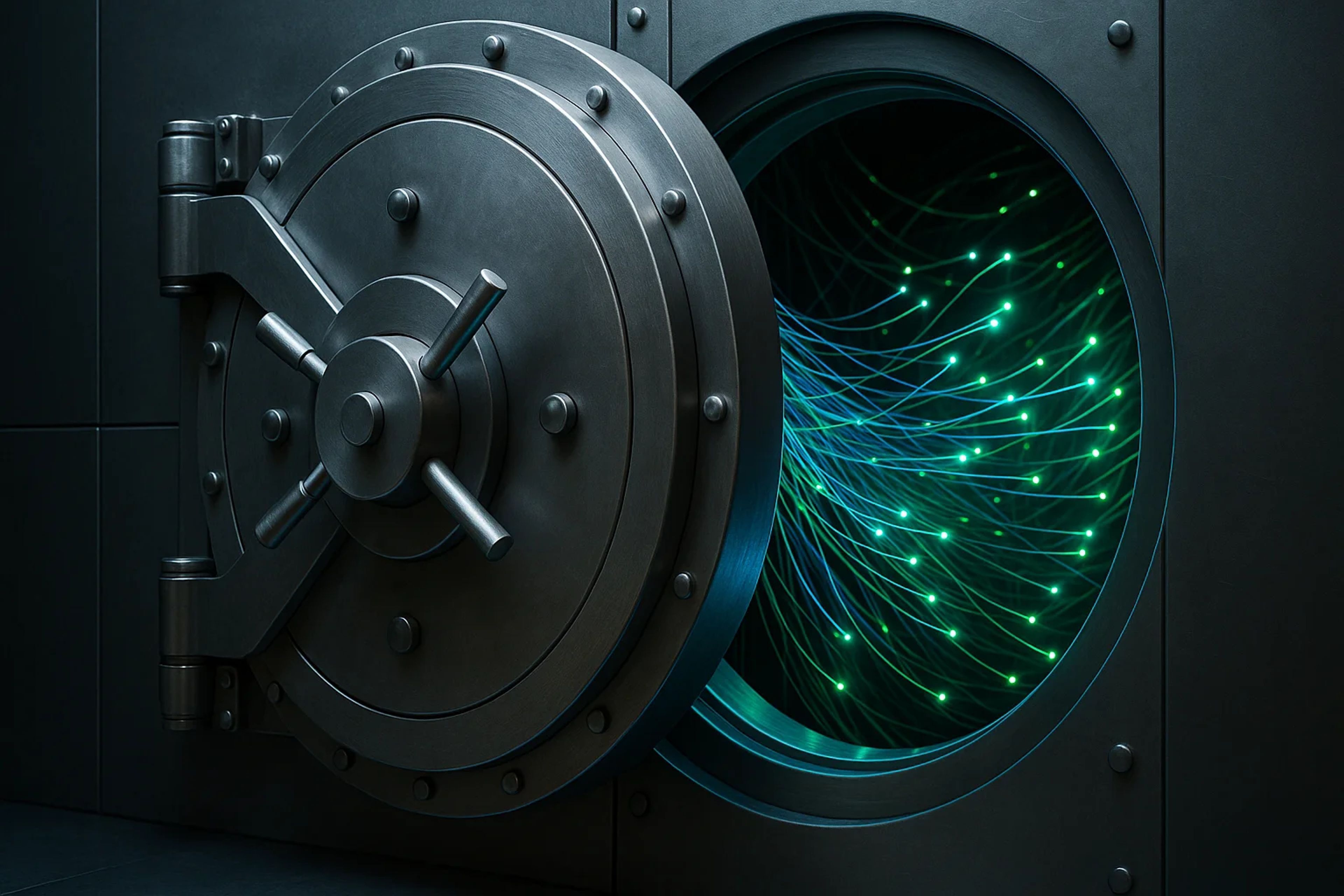 A large, metallic vault door partially open