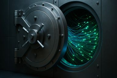 A large, metallic vault door partially open